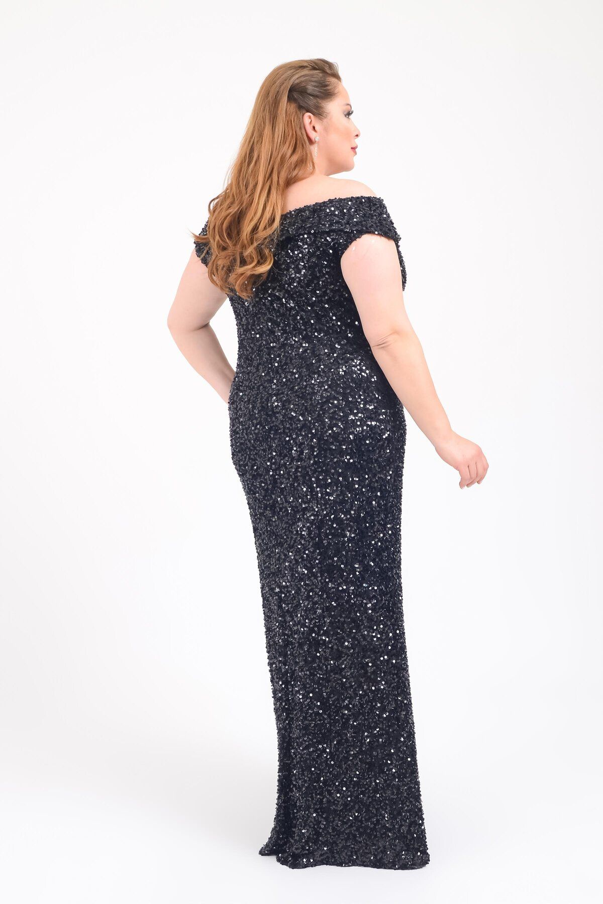LİLAS XXL-Black Sequined Long Plus Size Evening Dress 3