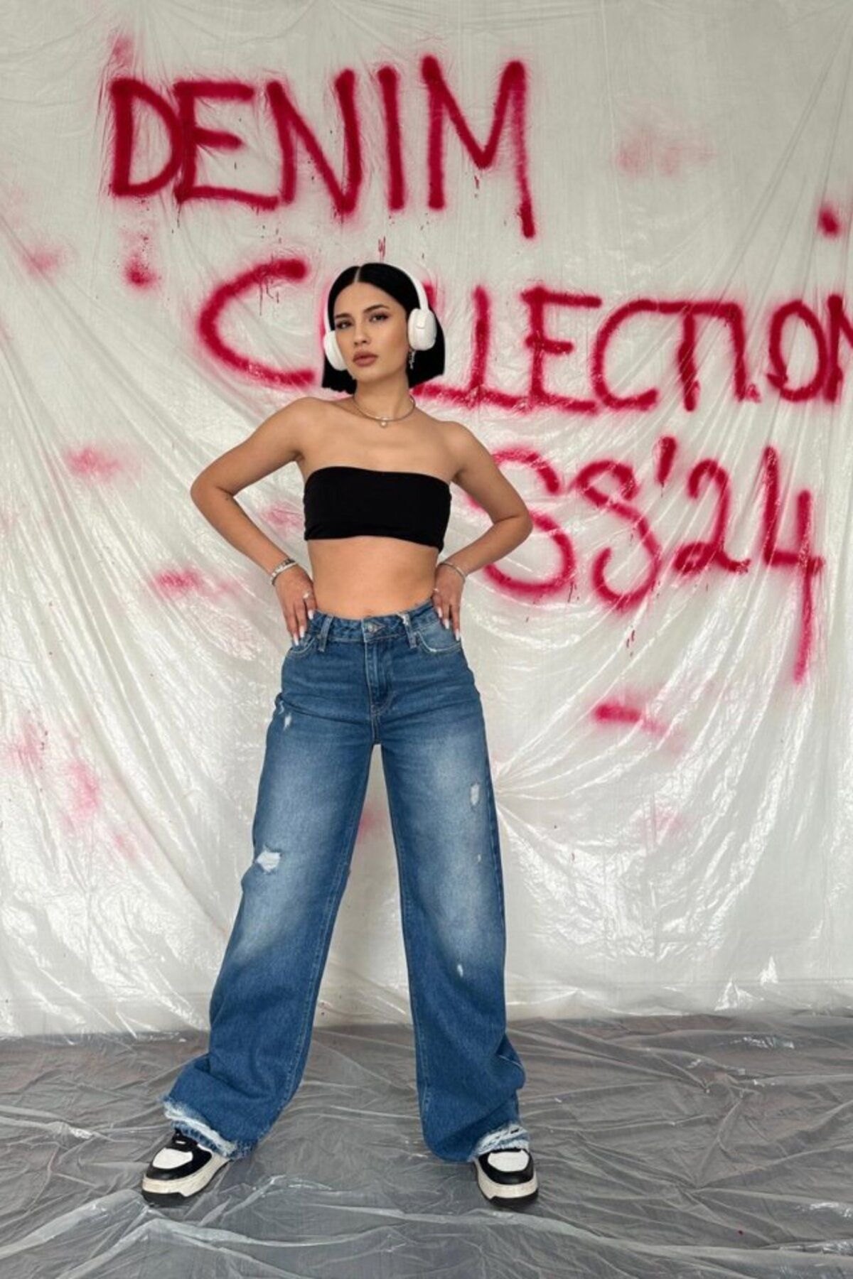 KAZAK Mavi Palazzo Lazerli Jeans Pantolon