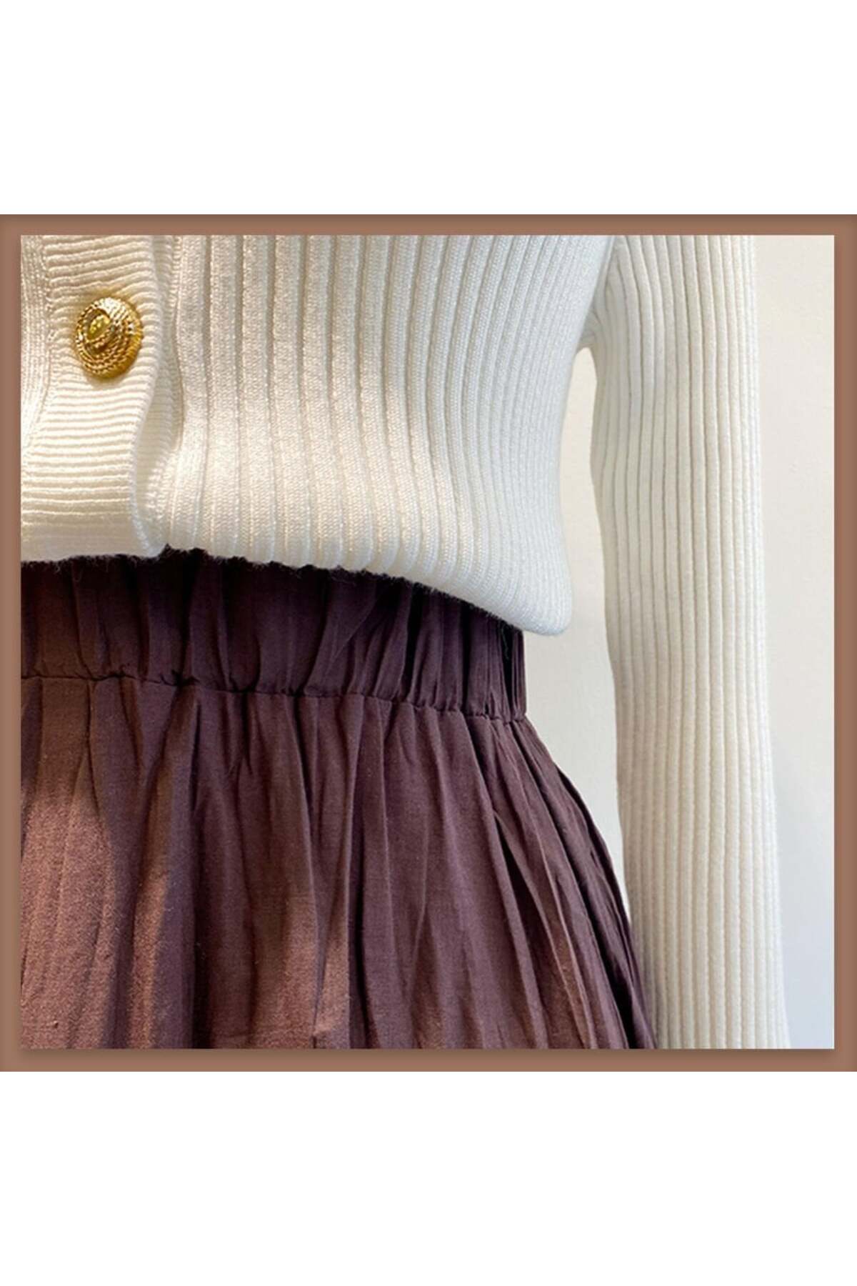 Faya Boutique  Acı kahve ajouter vual keten etek - Görsel 4