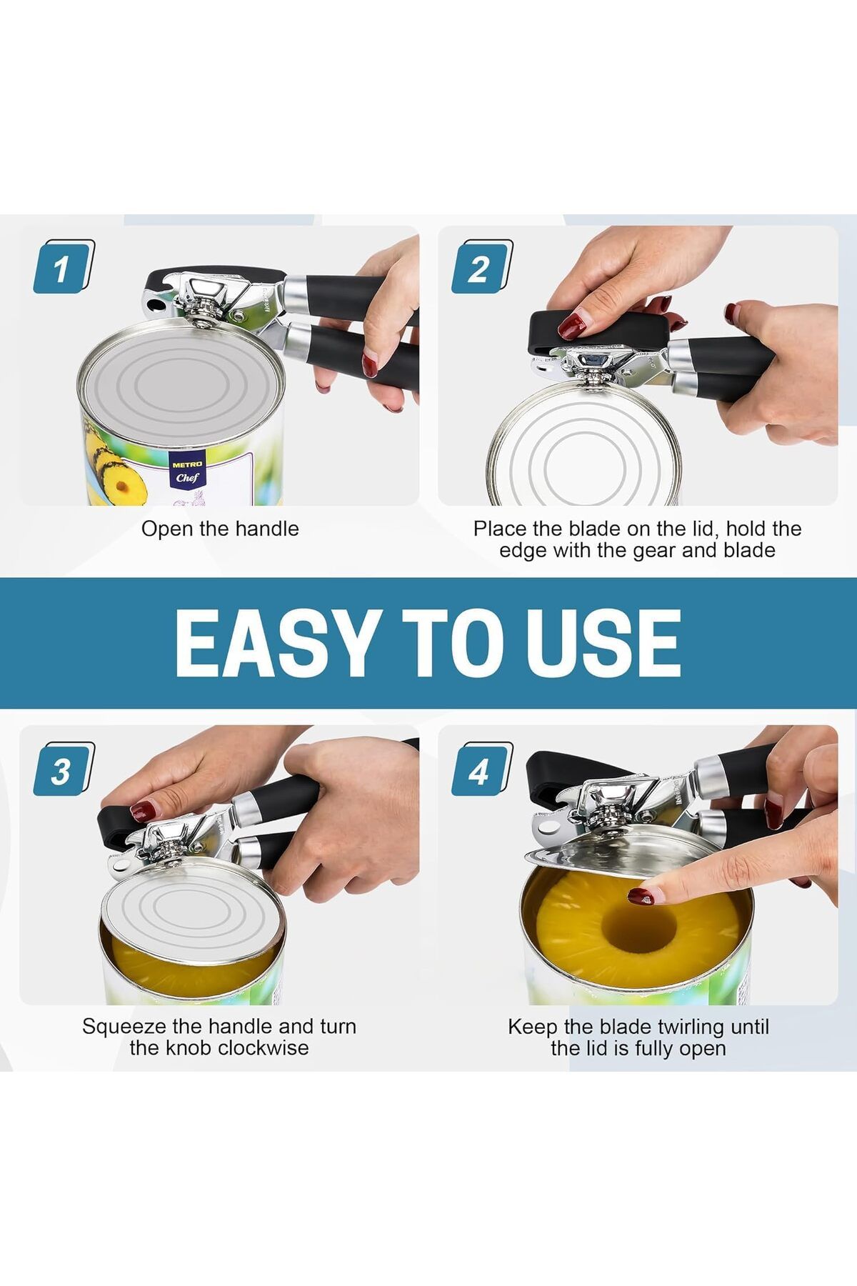 COOYA-Manual Handheld Can Opener, Heavy Duty, Smooth Edge, Comfort Soft Handle, Built-in Bottle Opener 3