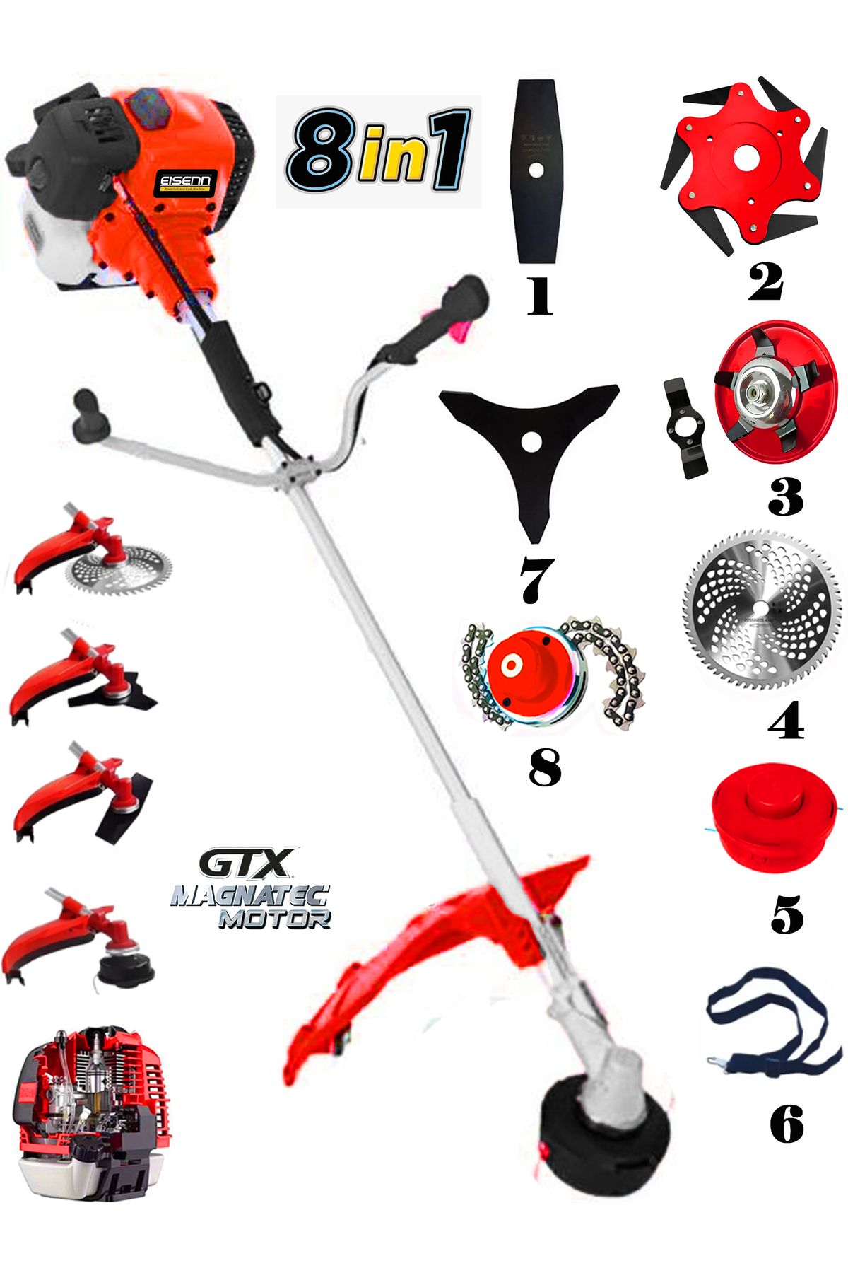 Eisenn Germany VTEC 900 8 İn 1 FULL Set Yan Tipi Benzinli Motorlu Ot Çalı Tırpanı Çim Biçme Makinesi
