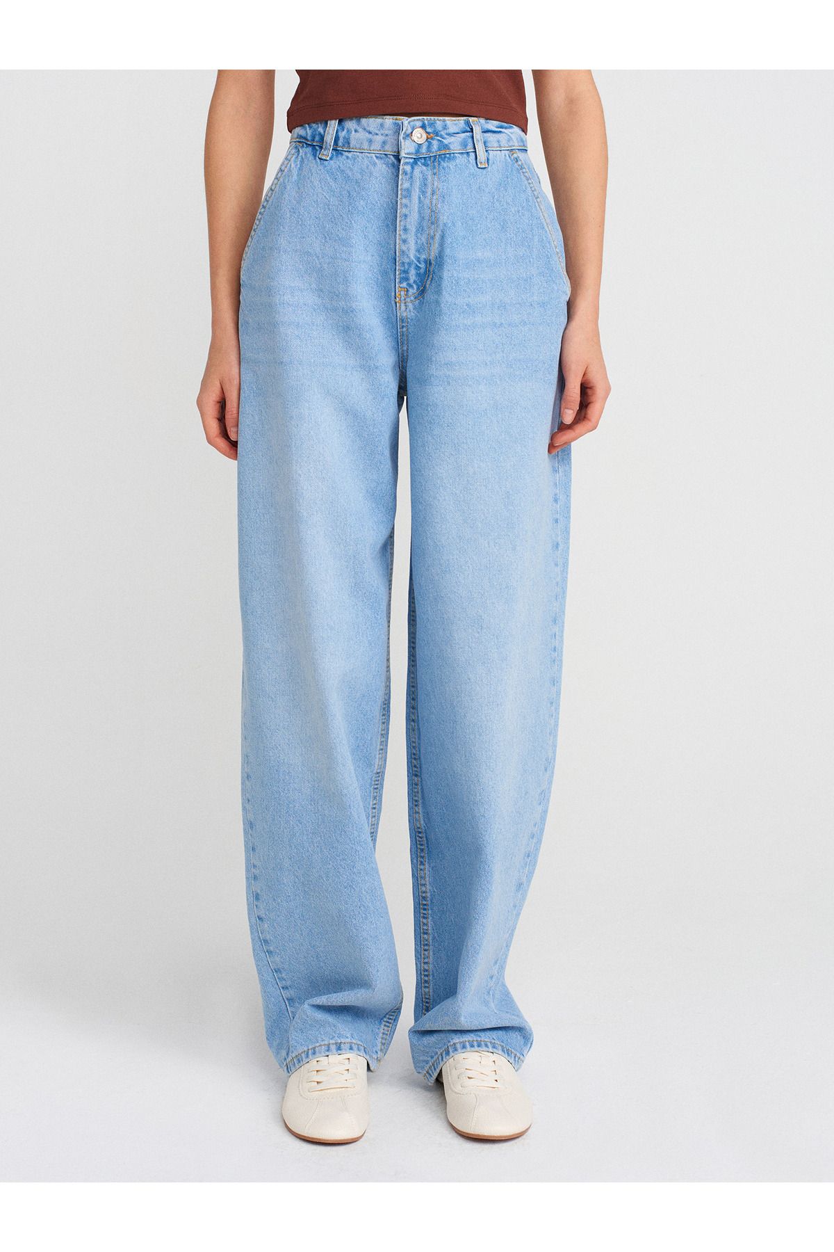 Dilvin-71795 Stonewashed Balloon Denim Trousers-Light Blue 3