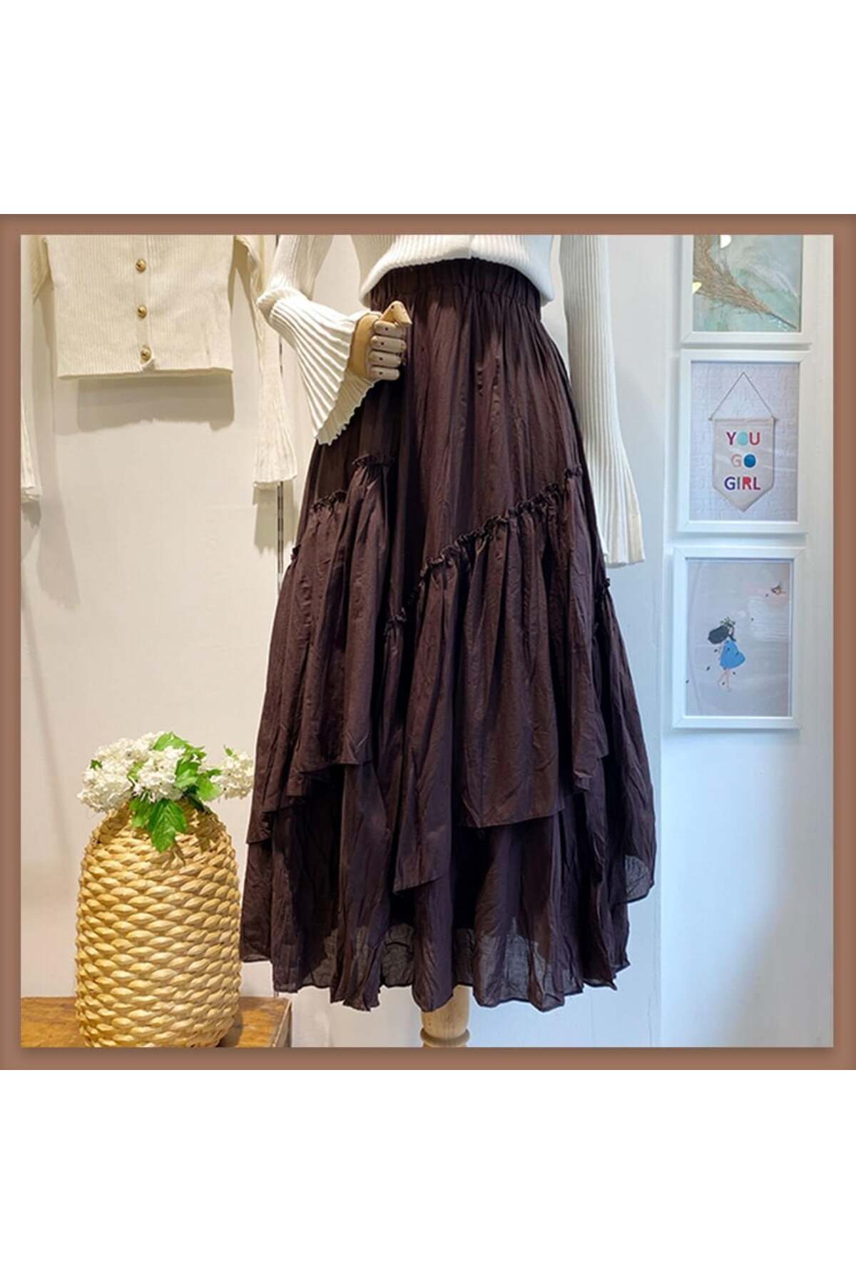 Faya Boutique  Acı kahve ajouter vual keten etek - Görsel 2