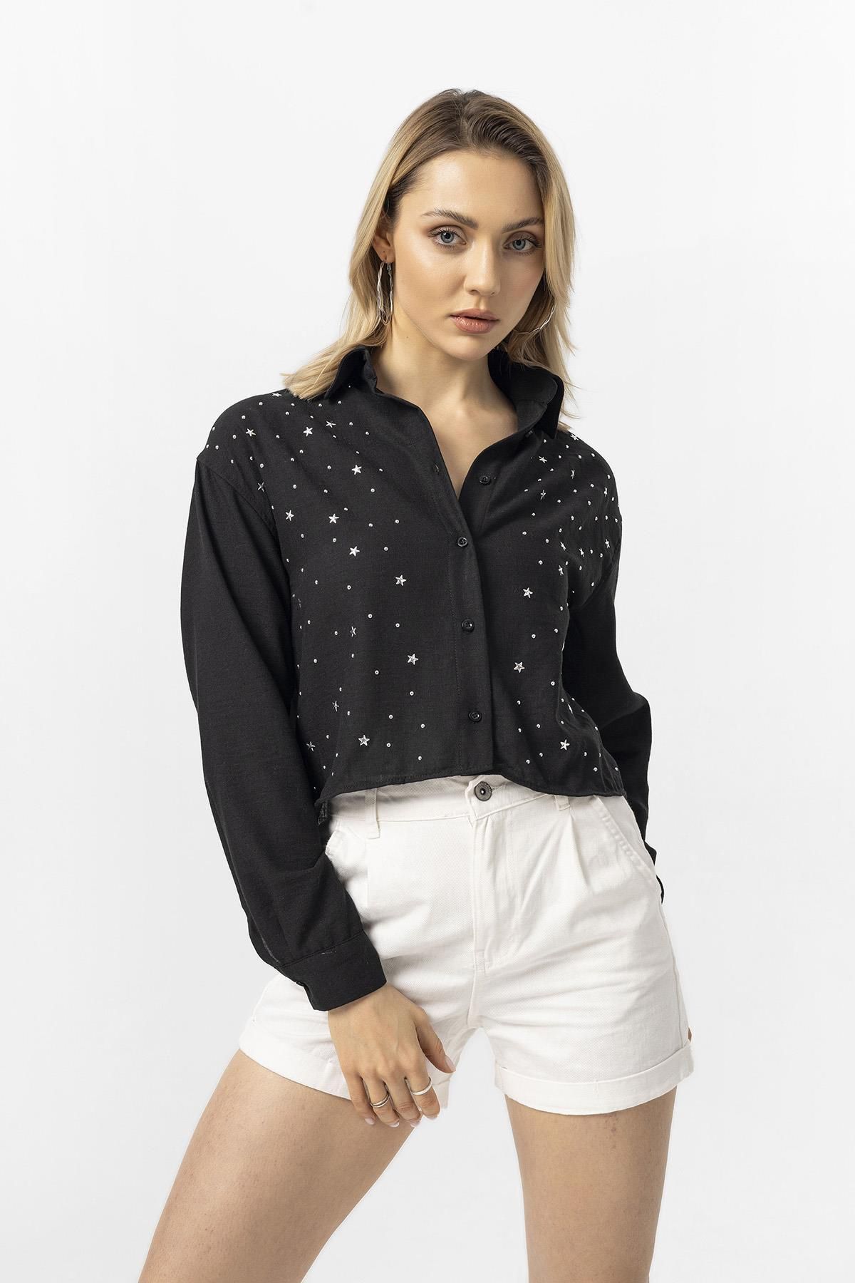 ŞİMAL-Cămașă scurtă casual Yıldız Stone brodata pentru femei 250228   - 4