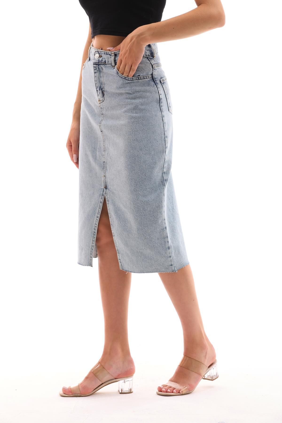 ŞİMAL-Fusta de damă din denim cu detaliu cu fantă în față 250369   - 4
