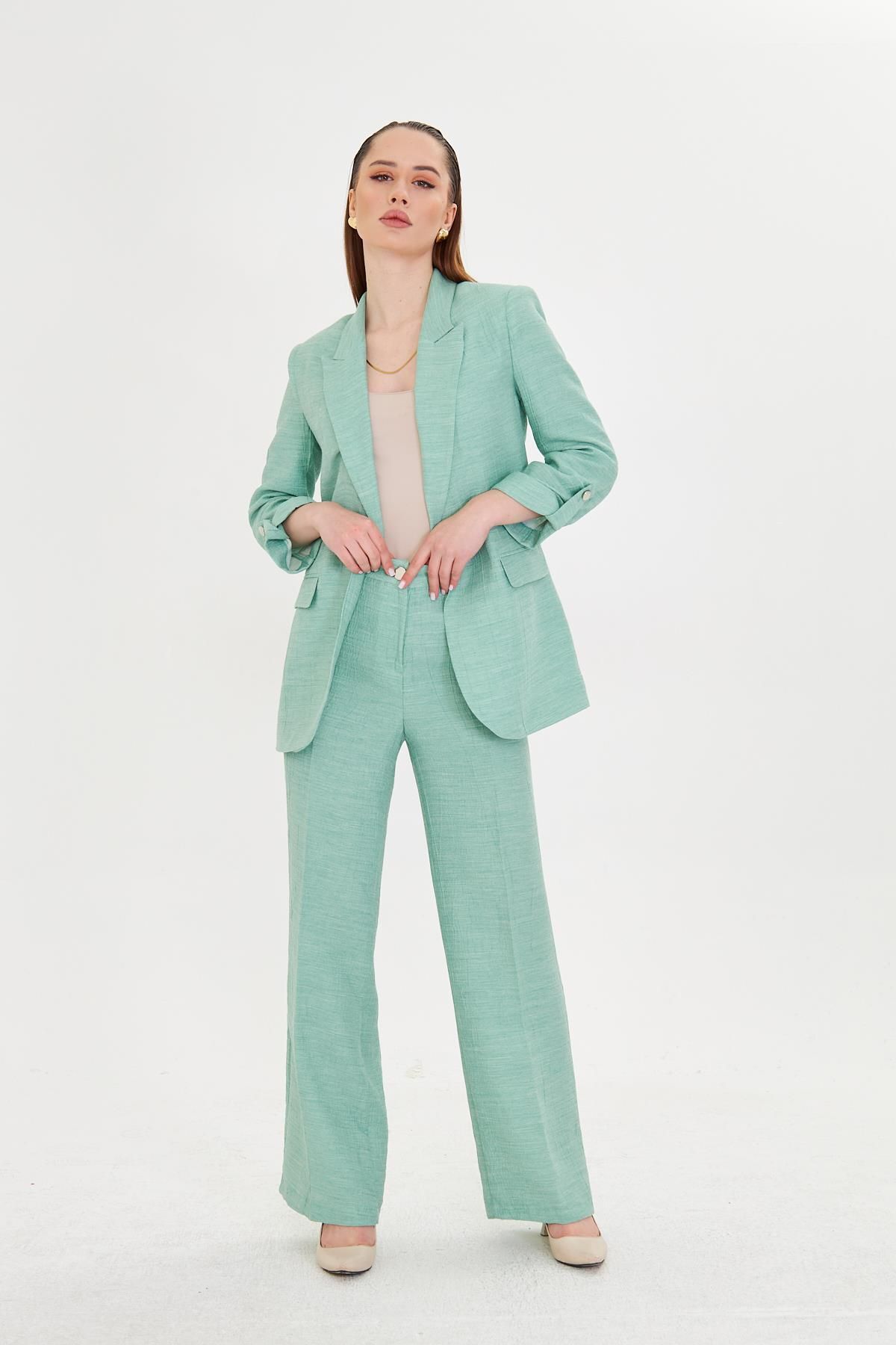 LOVELF-Seersucker Fabric Handle Drawstring Suit Water Green 3
