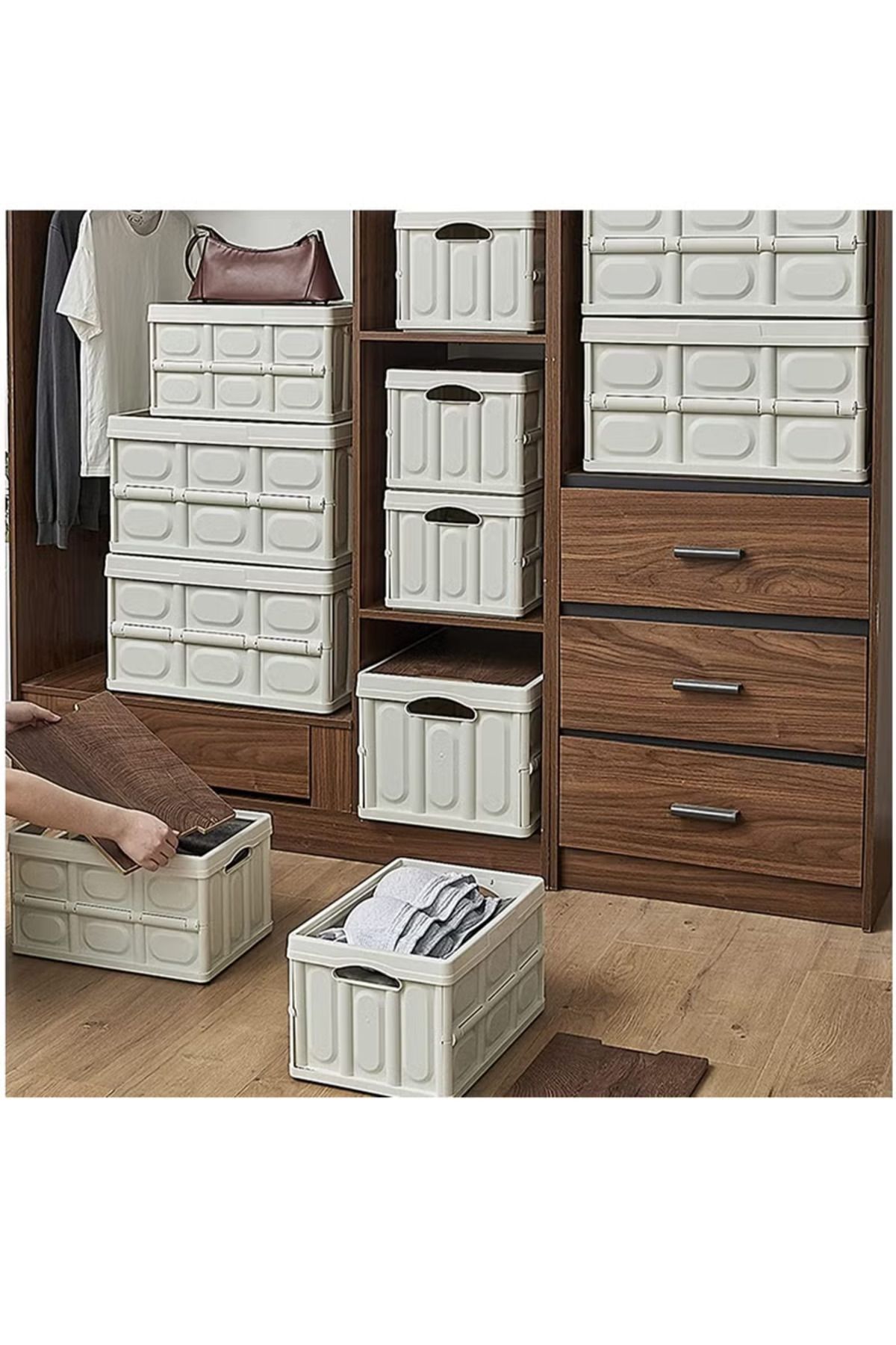 COOYA-Collapsible Storage Bin With Composite Wood Lid,Multifunction Plastic Storage Box Container (56L) 4