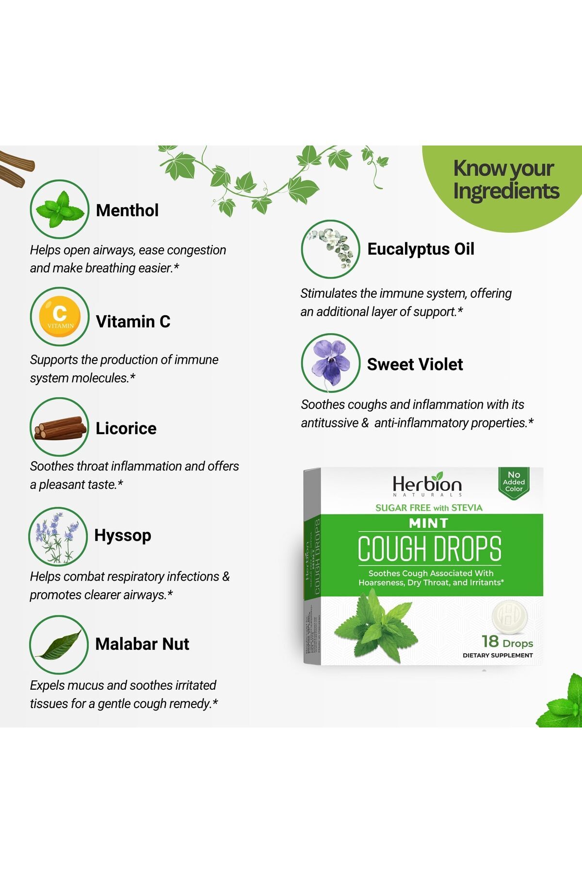 Herbion Naturals-Sugar-Free Mint Cough Drops with Stevia, Soothes Cough, for Adults & Kids 6+, 18 Drops 2