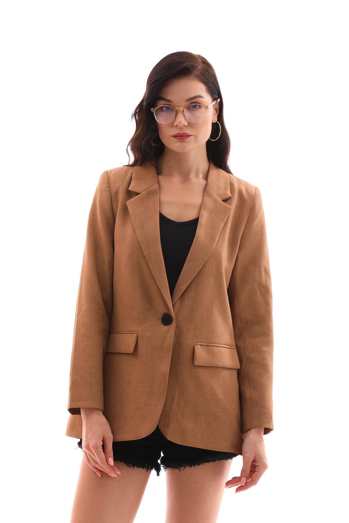 ŞİMAL-Women's Single Button Closure Linen Jacket 250199   - 3