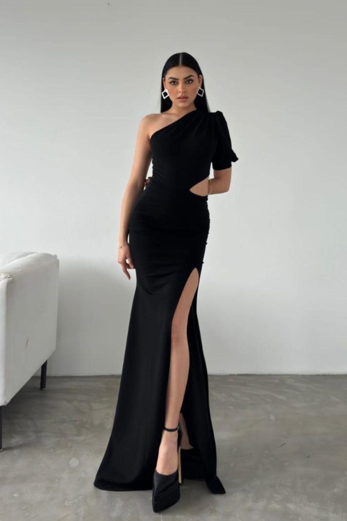 Mossta-One Shoulder Low-Cut Long Evening Dress Black 1