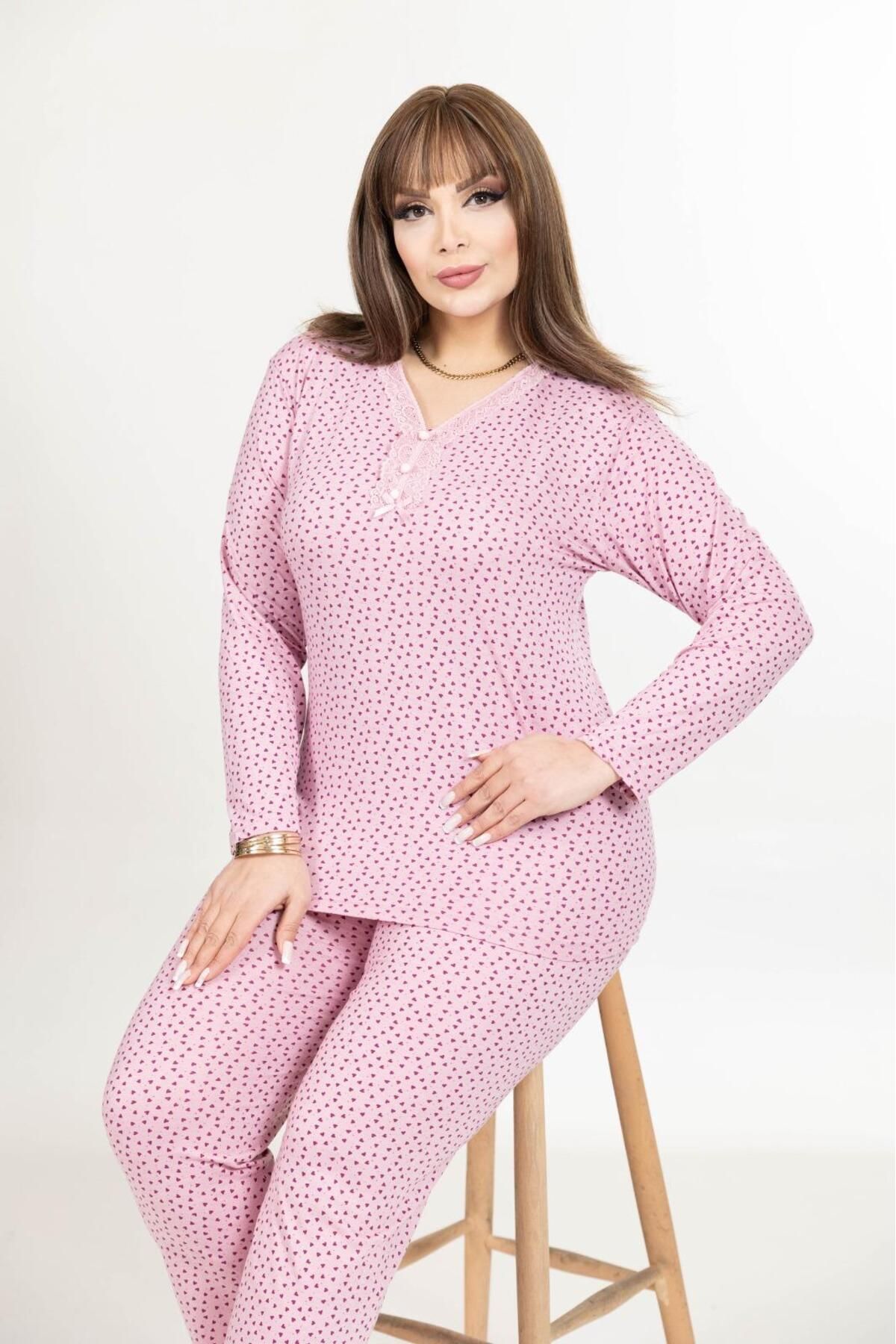 Elit-Women's Large Size Lace Collar Buttoned Long Sleeve Combed Cotton Pink Heart Mother Pajama Set 5