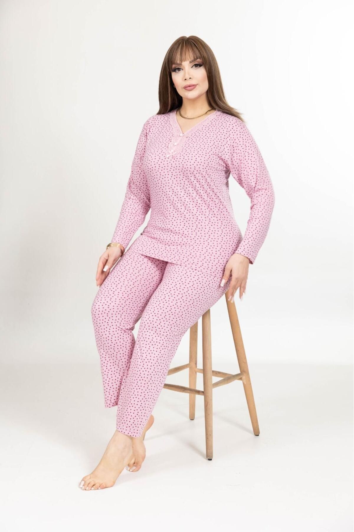 Elit-Women's Large Size Lace Collar Buttoned Long Sleeve Combed Cotton Pink Heart Mother Pajama Set 2