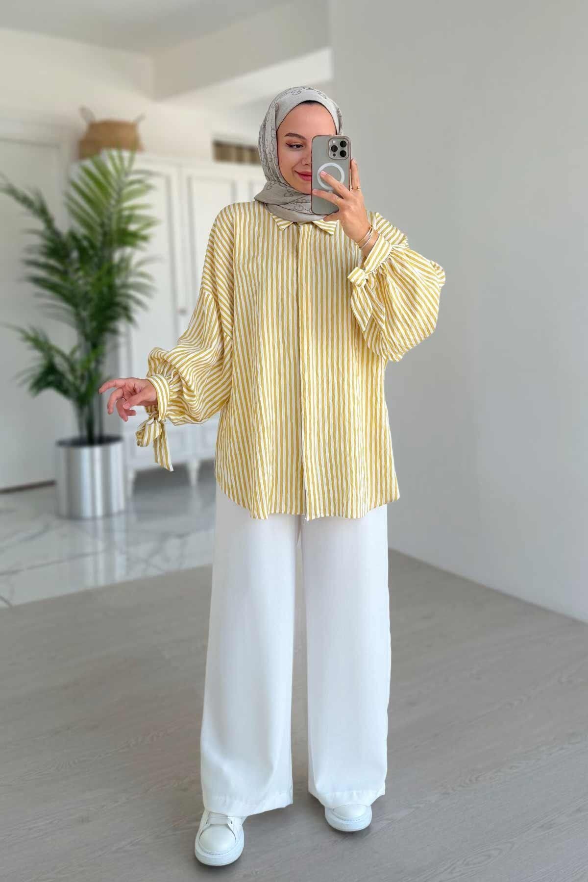 Ka Hijab-Yellow Striped Shirt & Pantalon Double Set 1