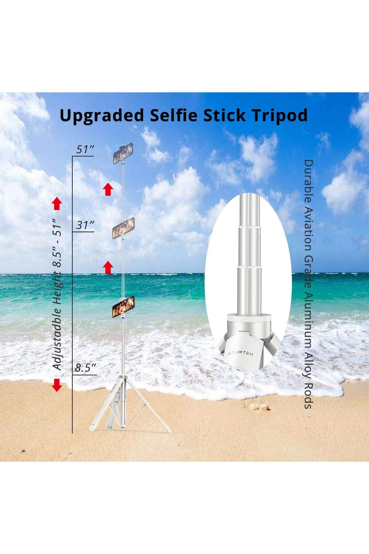 ATUMTEK-51 Selfie Stick Tripod, Extendable with Bluetooth Remote, 360° Rotation for iPhone & Android, White 2