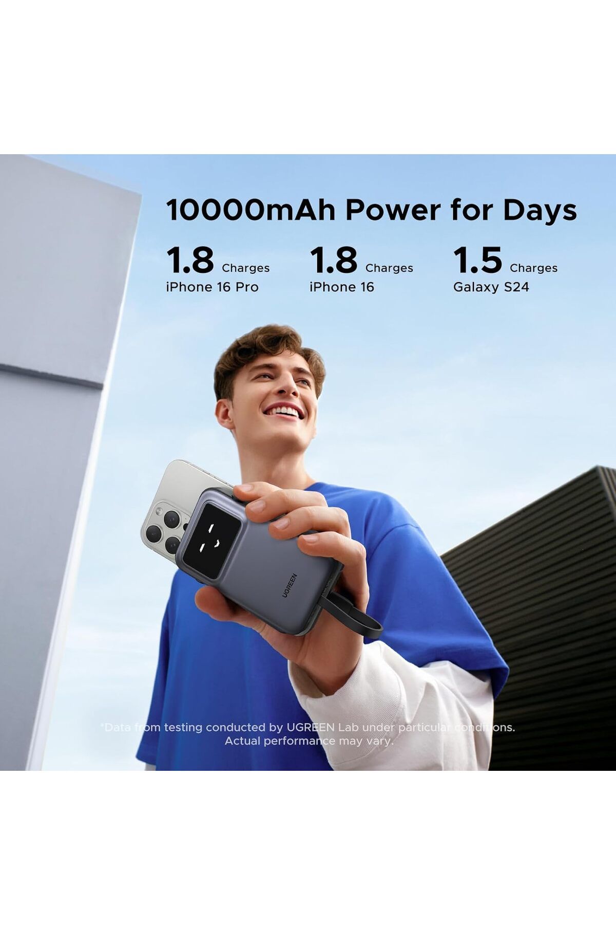Ugreen-Uno Power Bank with Built-in USB-C Cable, 10000mAh, PD 30W, 3-Way Output with
TFT Display 5