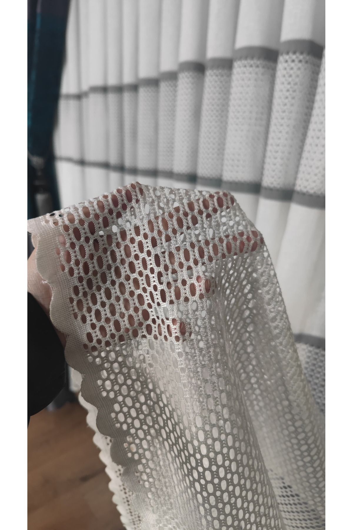 Yuka-Ecru Steel Knitted Tulle Curtain with Gray Stripe 1/3 Tight Pleat Does Not Wrinkle Ironing Suitable for Every Room 4