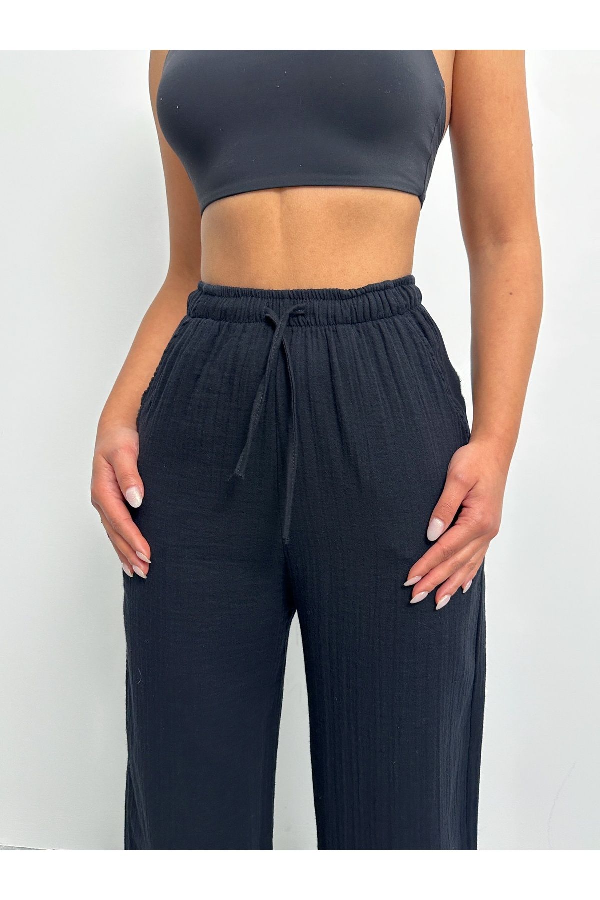 BEJNA-Schwarze Palazzo-Hose aus Musselin für Damen 4