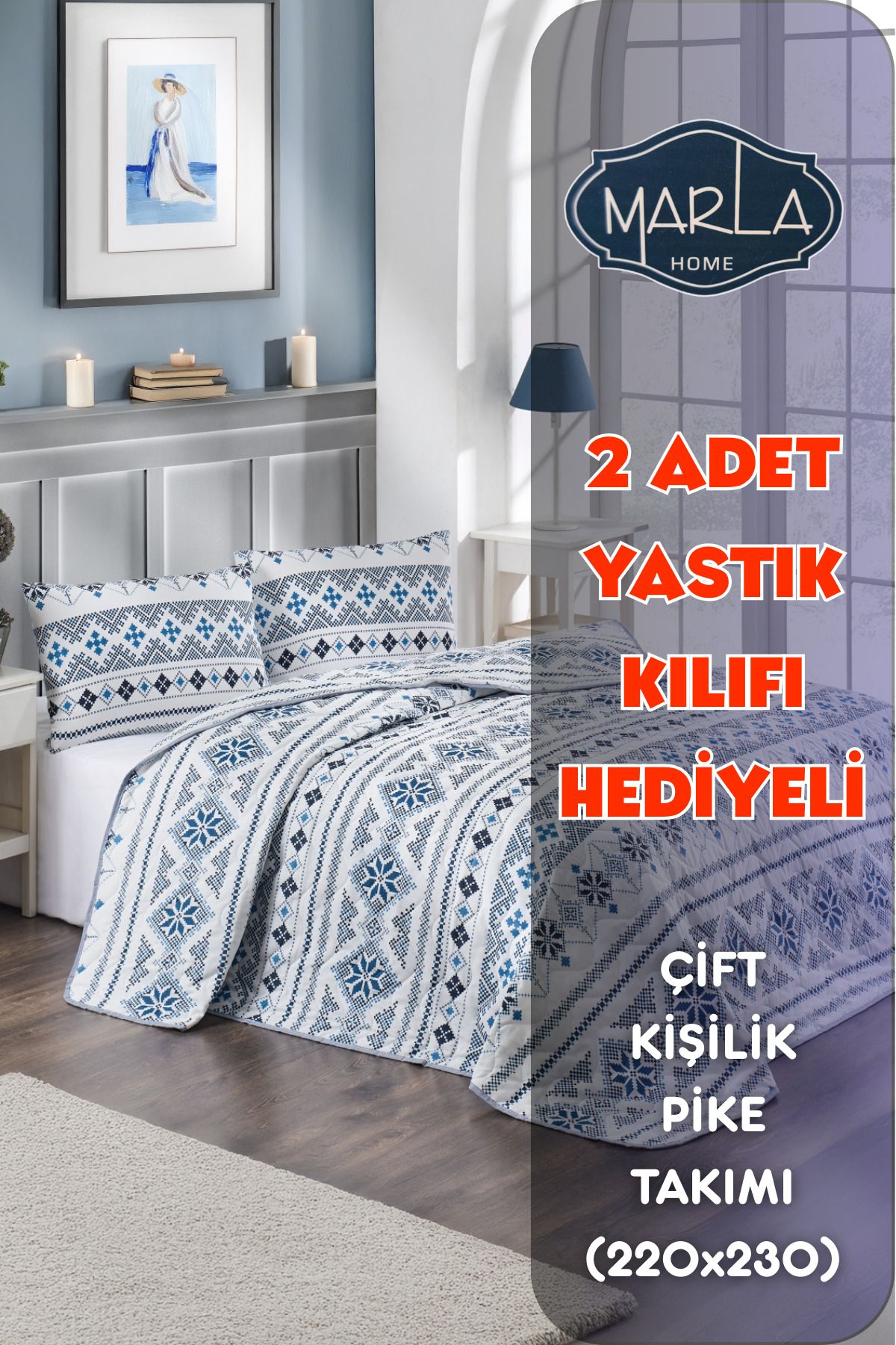 MARLA HOME Çift Kişilik Pike Yatak Örtüsü Takımı|220x230 Cm|2 Adet Yastık Kılıflı |çok Amaçlı Battaniye|pamuklu