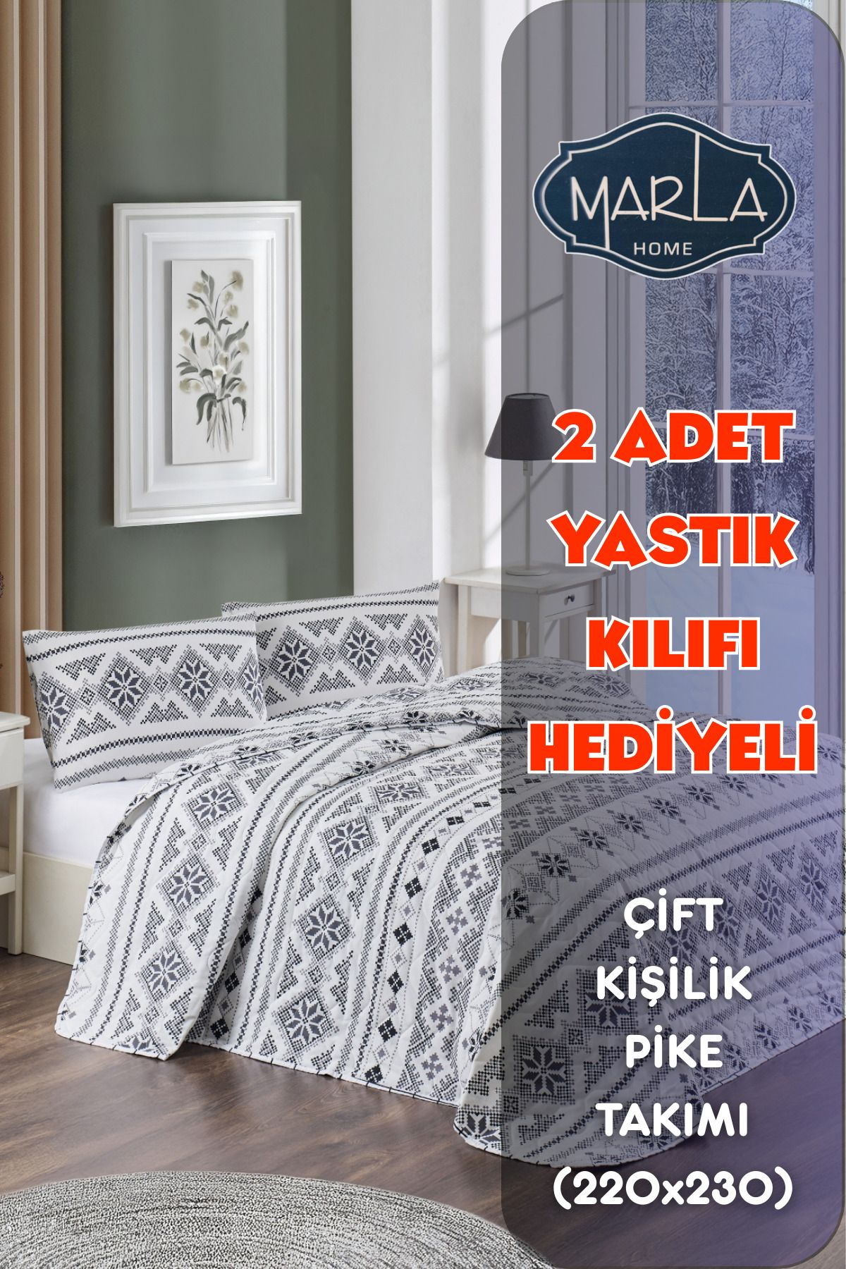 MARLA HOME Çift Kişilik Pike Yatak Örtüsü Takımı|220x230 Cm|2 Adet Yastık Kılıflı |çok Amaçlı Battaniye|pamuklu