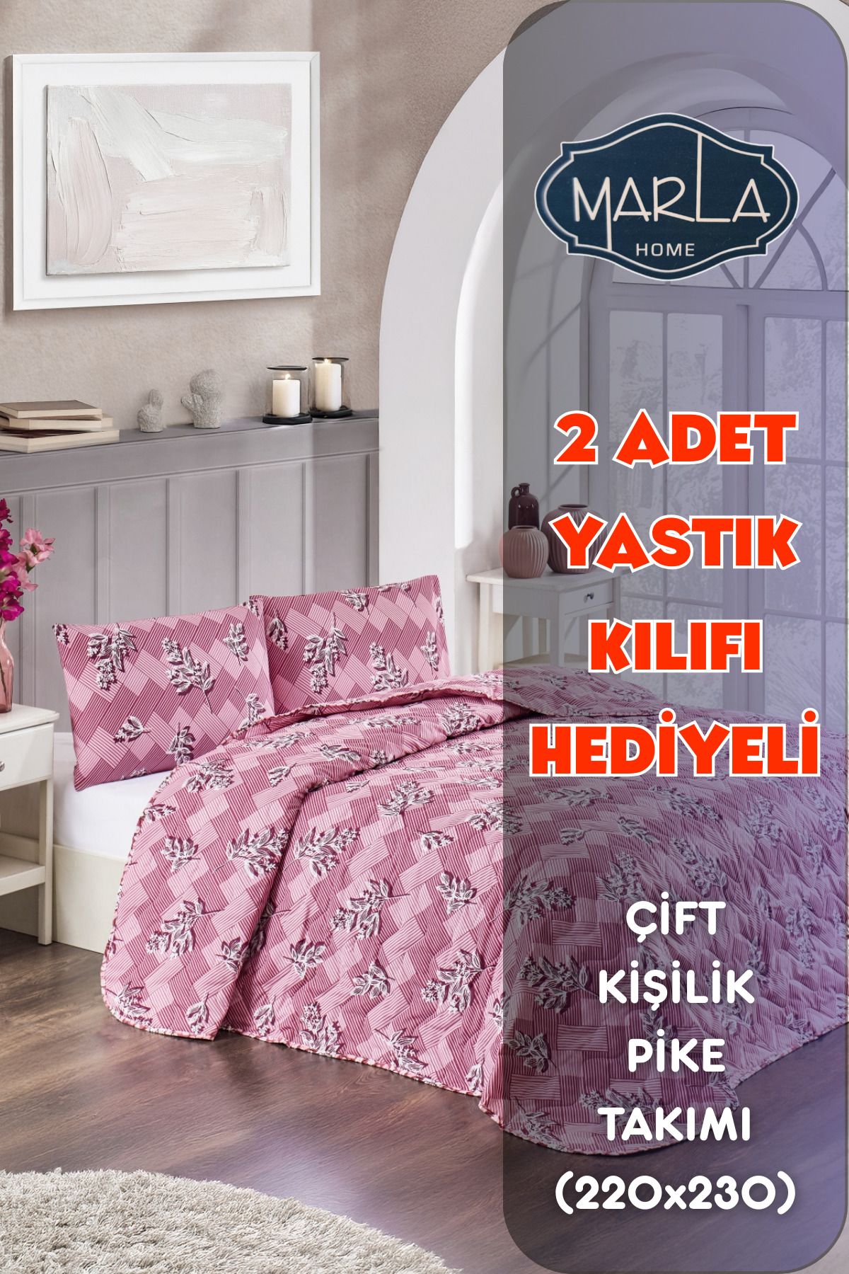 MARLA HOME Çift Kişilik Pike Yatak Örtüsü Takımı|220x230 Cm|2 Adet Yastık Kılıflı |çok Amaçlı Battaniye|pamuklu