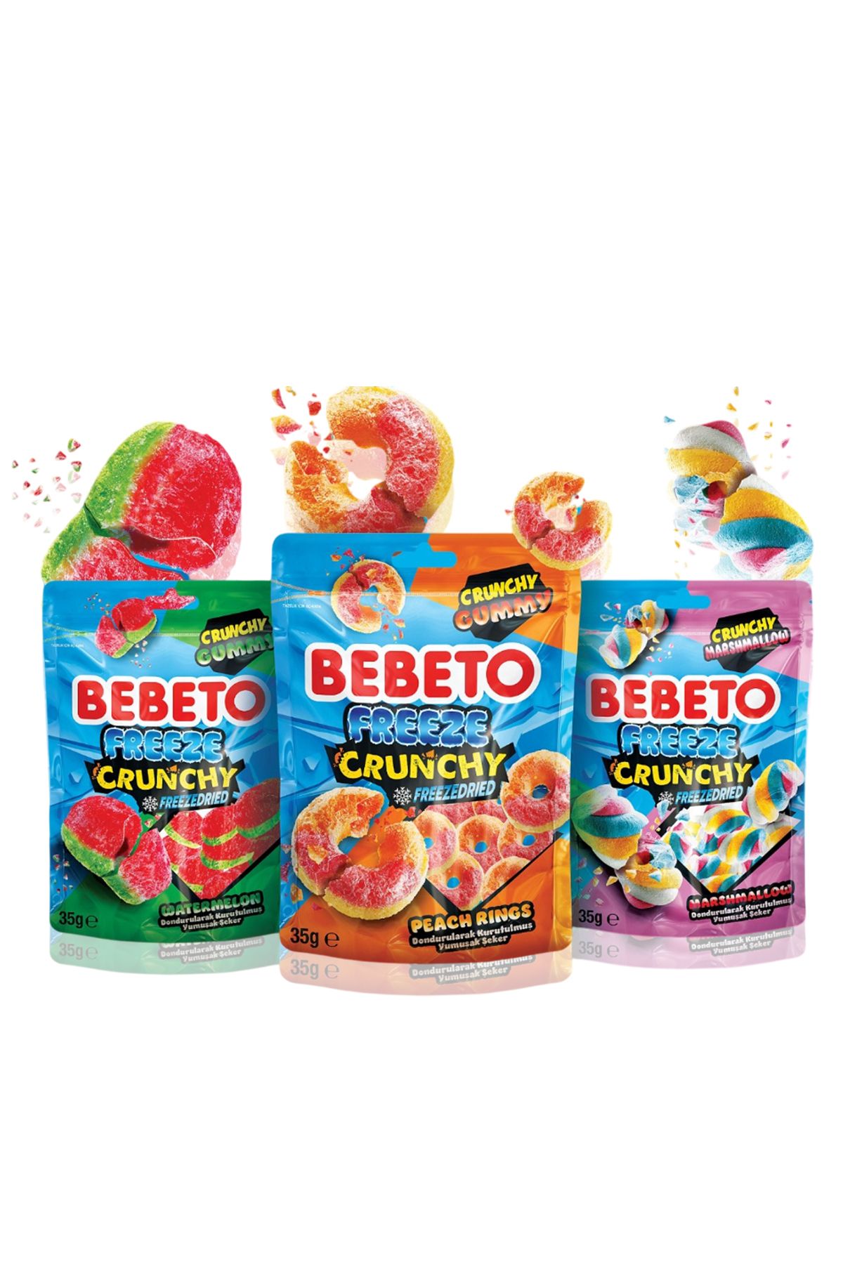 BEBETO Freeze Crunchy Şeftali Karpuz ve Marshmallow 35 gr 3 Adet