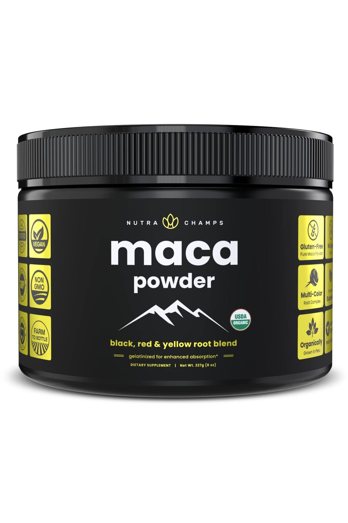 NutraChamps-Organic Maca Powder - Peruvian Grown, Yellow, Black & Red Roots - Gelatinized, Vegan, Non-GMO, 8oz 1