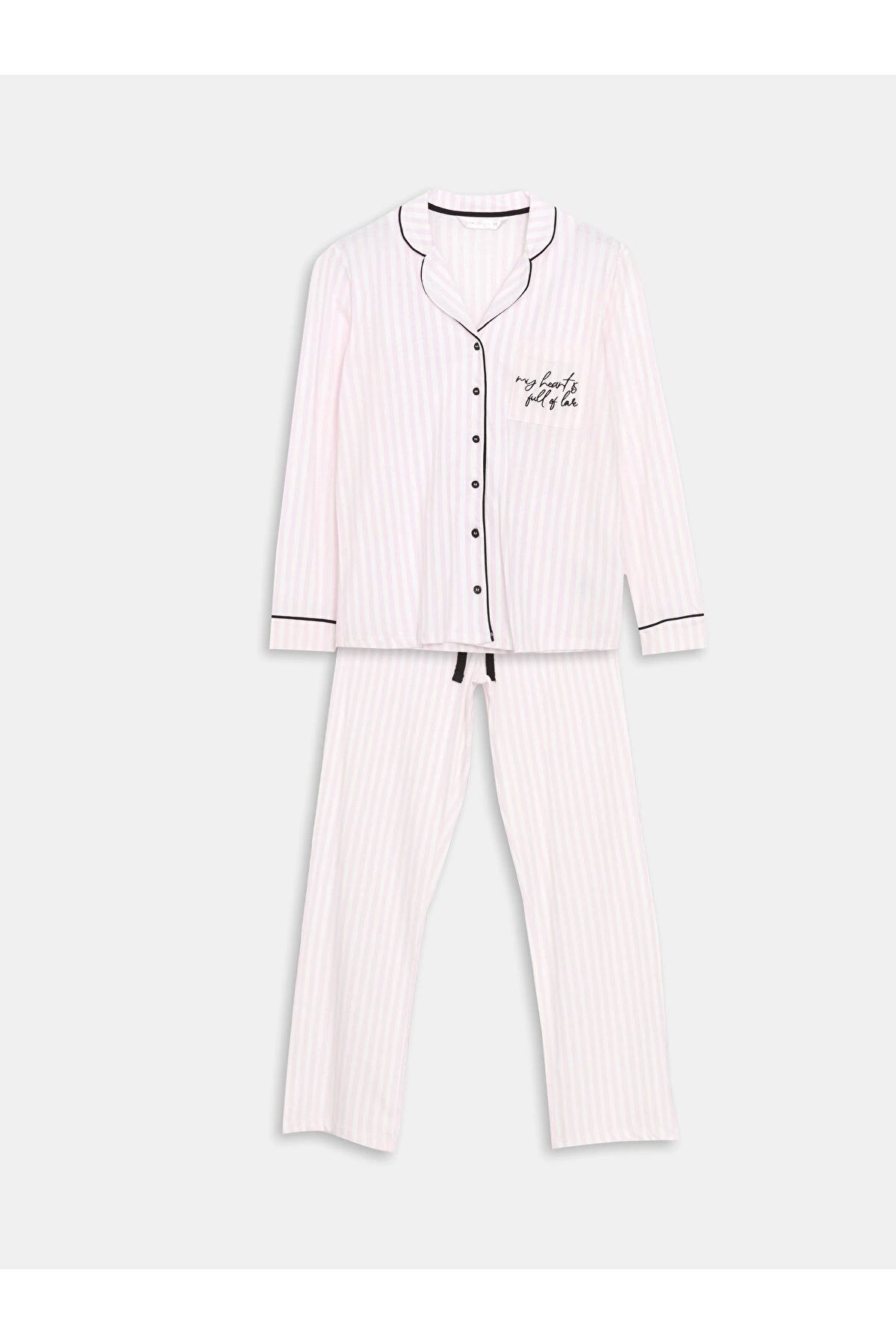 LC Waikiki-Set de pijamale LCW DREAM Ecru cu guler de cămașă brodat pentru femei 5
