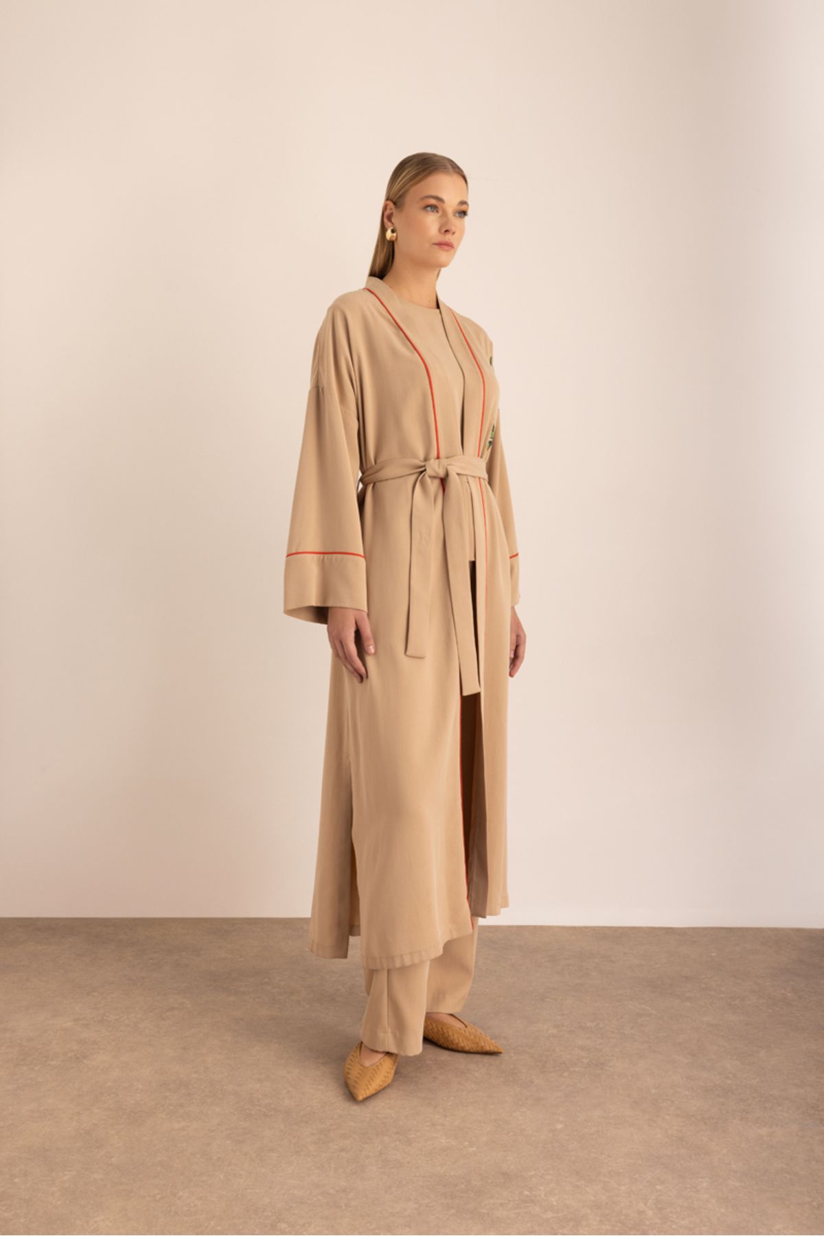 Aker-Belted Kimono with Contrast Piping and Embroidery Detail 5