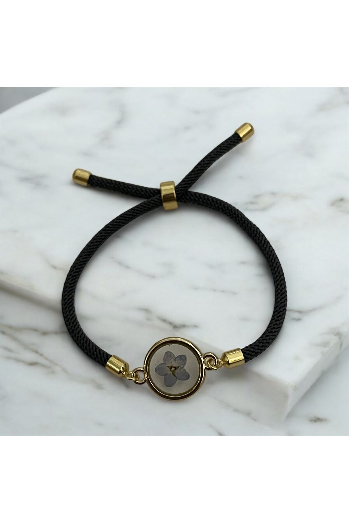 maycollection-Gold Frame True Forget Me Not Flower Adjustable Gray Cord Rope Design Bracelet 4