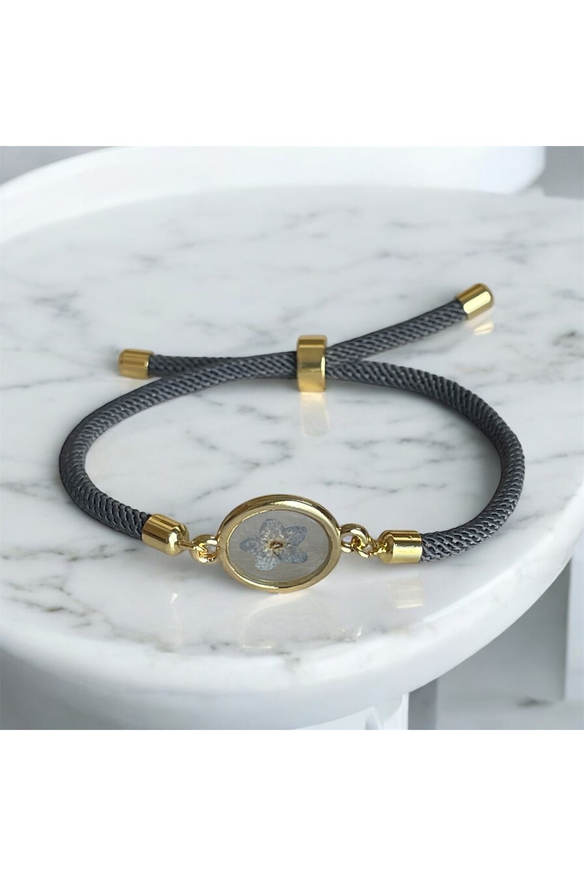 maycollection-Gold Frame True Forget Me Not Flower Adjustable Gray Cord Rope Design Bracelet 5