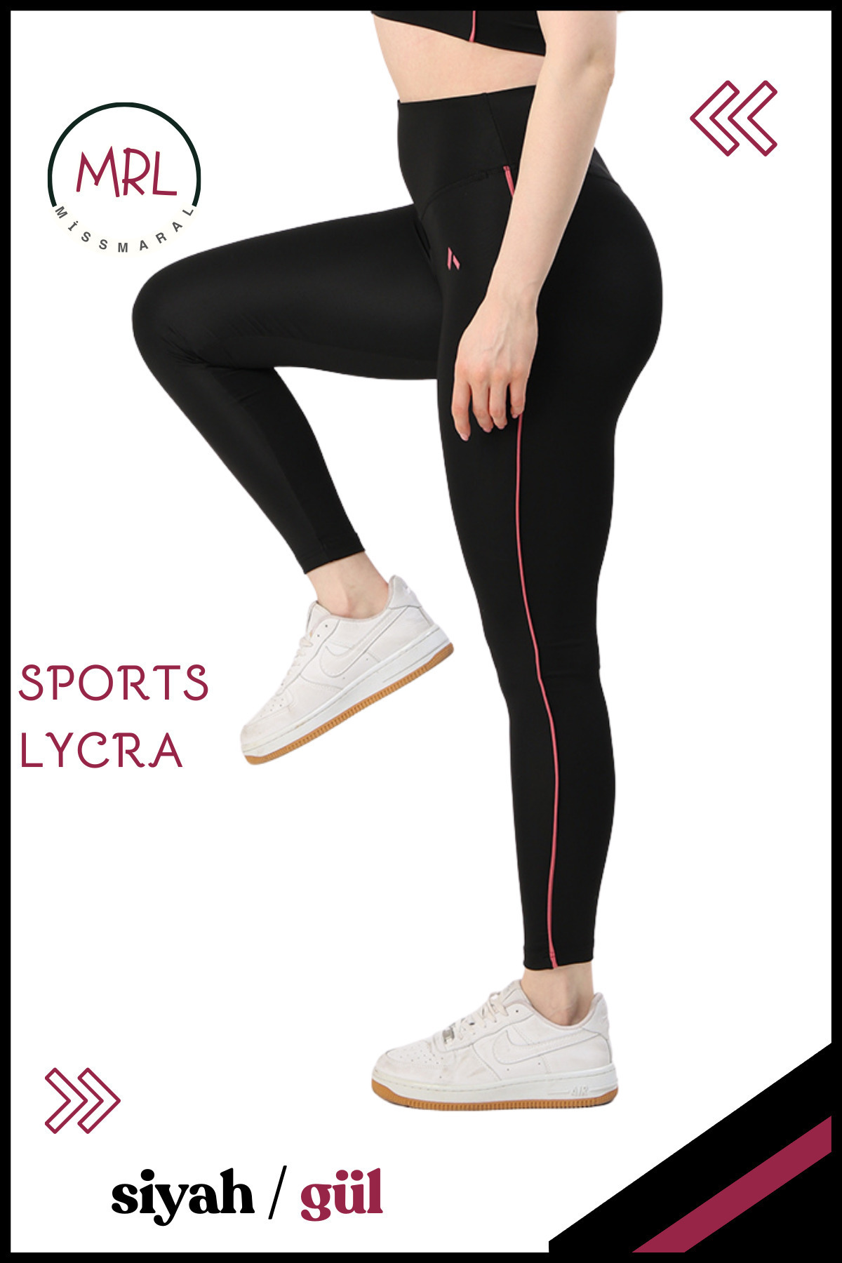 missmaral Kadın Yüksek Bel Toparlayıcı Spor Tayt Siyah / Gül Kurusu Şerit Detaylı Lycralı Dalgıç 1041 görsel 4