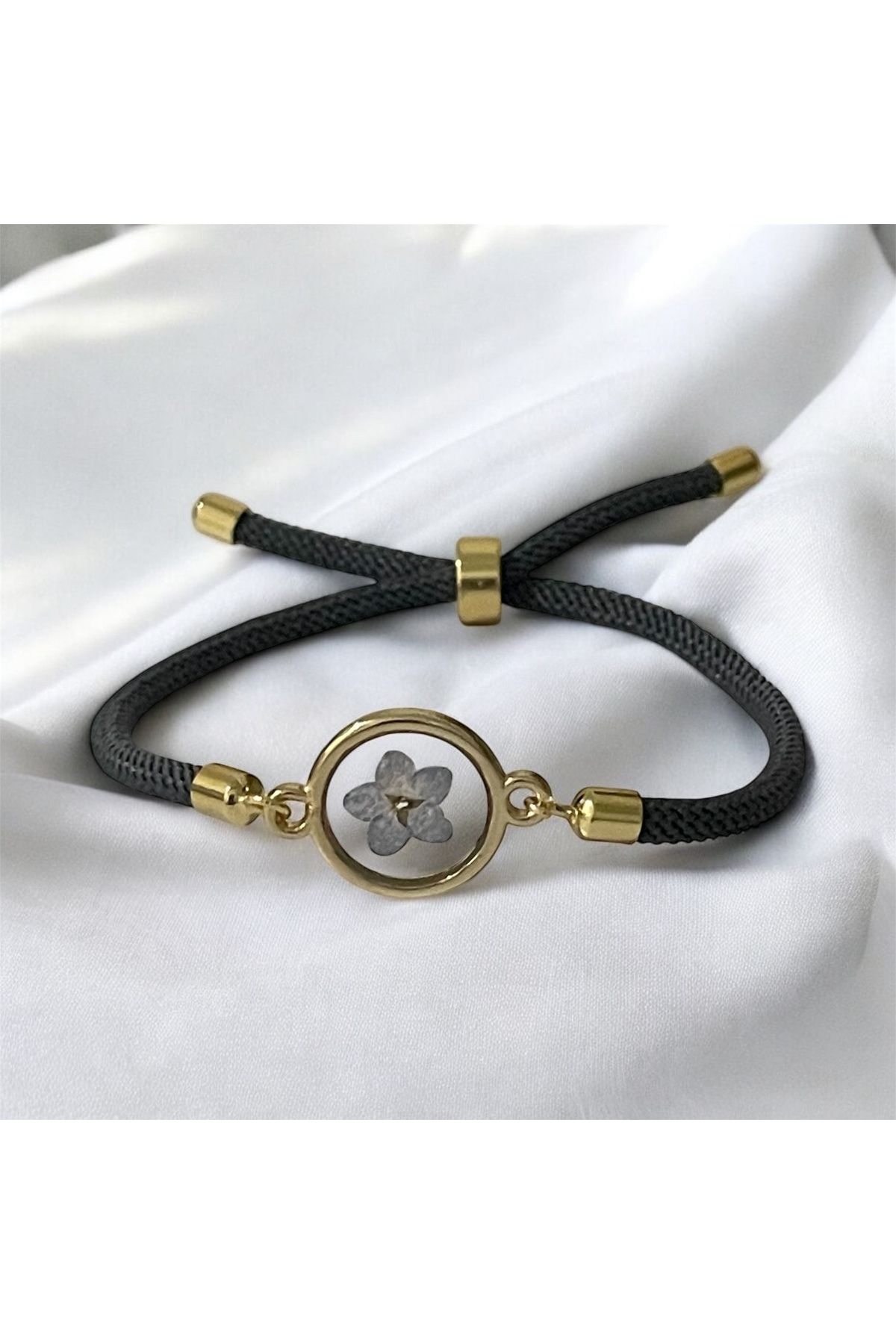maycollection-Gold Frame True Forget Me Not Flower Adjustable Gray Cord Rope Design Bracelet 1