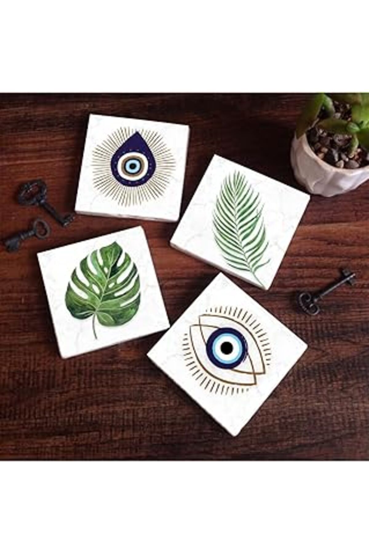 Pazarcan Pinecone Nazar, Yaprak Taş Bardak Altlığı Seti - 4 Parça - Dekoratif, Rustik Mutfak Aksesuarı, 10X1