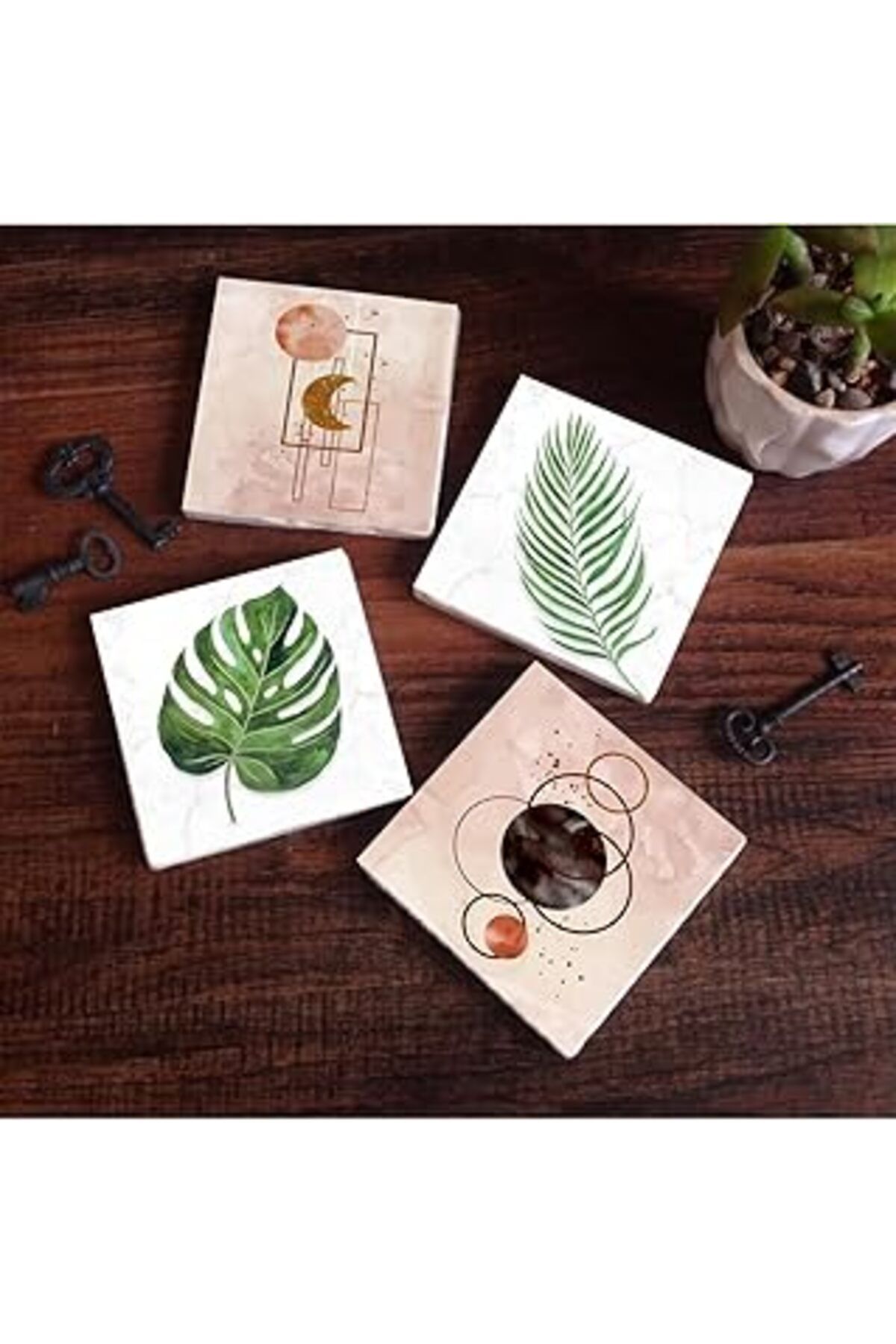Mu Art Pinecone Minimalist Soyut, Yaprak Taş Bardak Altlığı Seti - 4 Parça - Dekoratif, Rustik Mutfak Akse