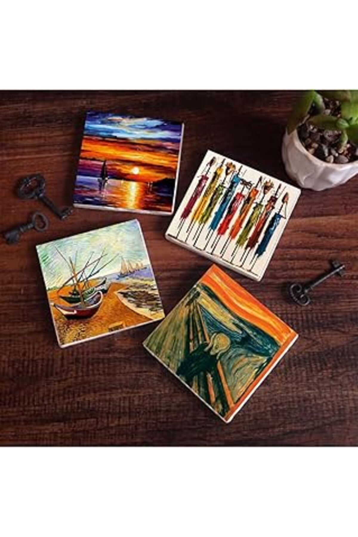 Mu Art Pinecone Van Gogh Balıkçı Tekneleri, Çığlık, Yerli Kadınlar, Deniz Manzarası Taş Bardak Altlığı Set