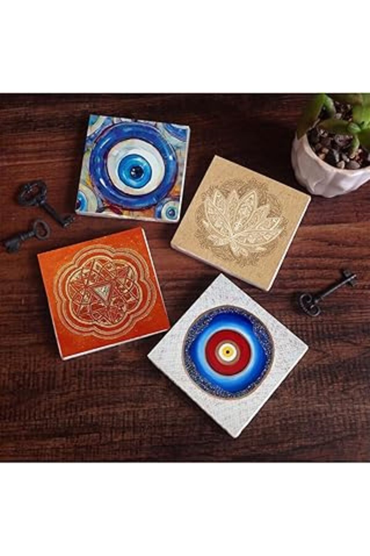 Mu Art Pinecone Nazar, Lotus Çiçeği, Sri Yantra Taş Bardak Altlığı Seti - 4 Parça - Dekoratif, Rustik Mutf
