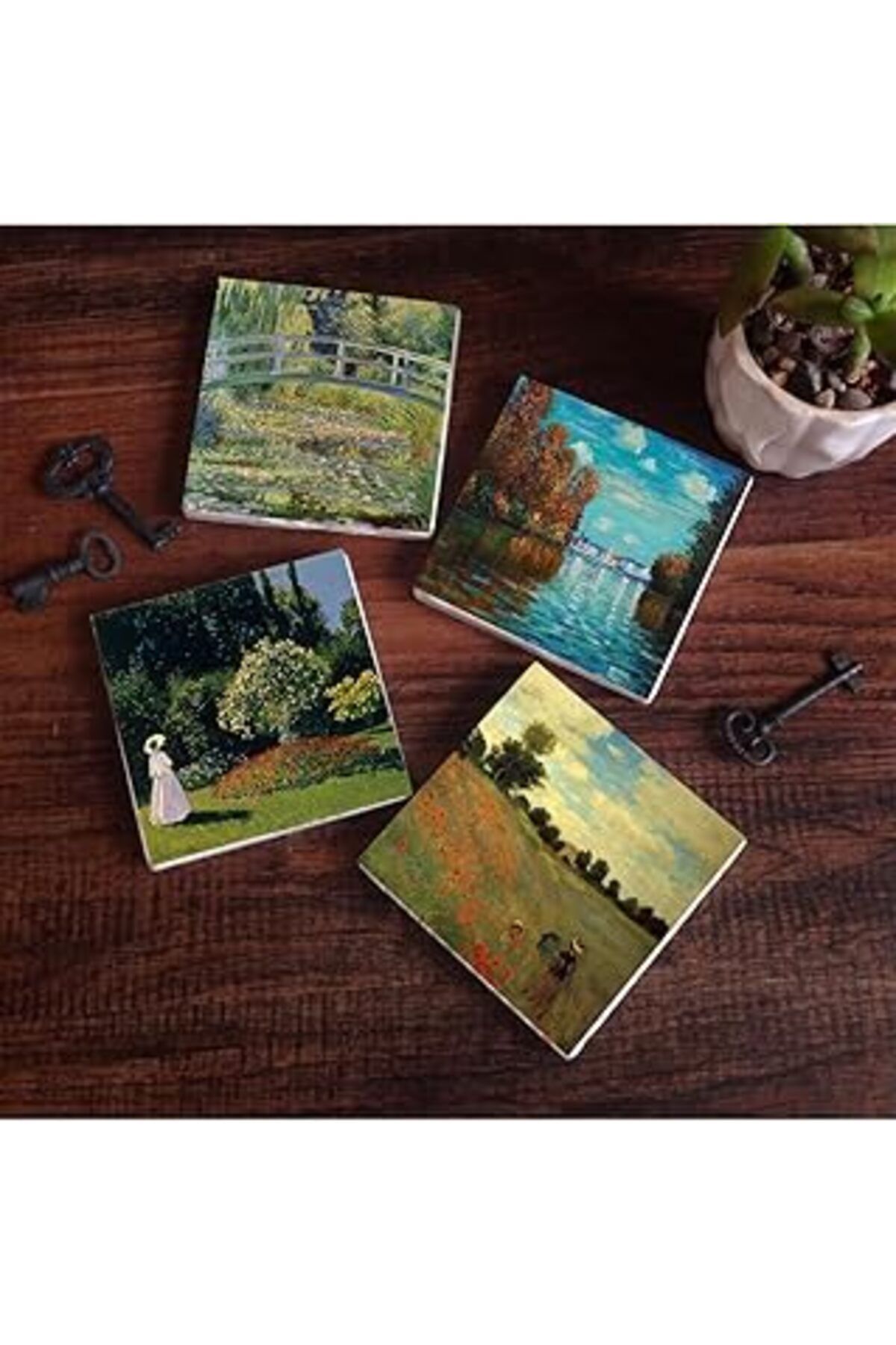 Mu Art Pinecone Claude Monet Sonbahar, Bahçedeki Kadın, Gelincikler, Nilüfer Gölü Taş Bardak Altlığı Seti