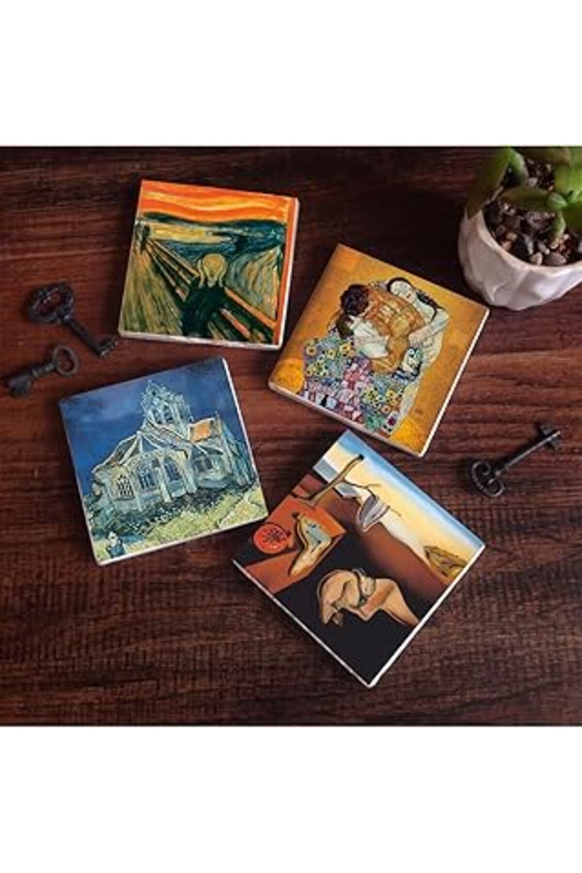 Mu Art Ahşap Pinecone Dalí Belleğin Azmi, Van Gogh Kilise, Çığlık, Klimt Aile Kucaklama Taş Bardak Altlığı Seti