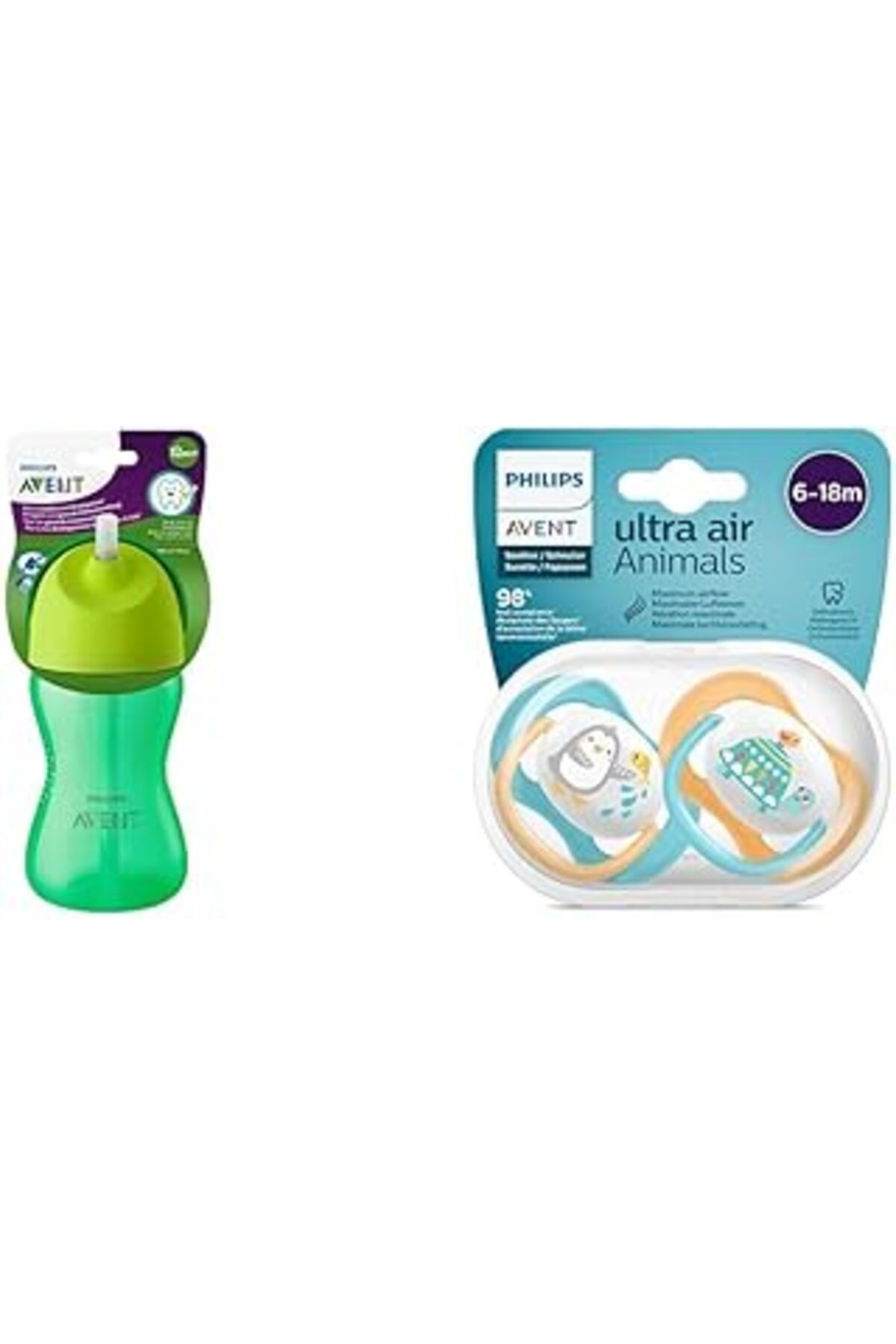 NZM TİCARET Avent Scf798/01 Desenli Pipetli Bardak (300 Ml, Yeşil) & Scf080/07 Ultra Air Emzik (6-18 Ay) Erkek