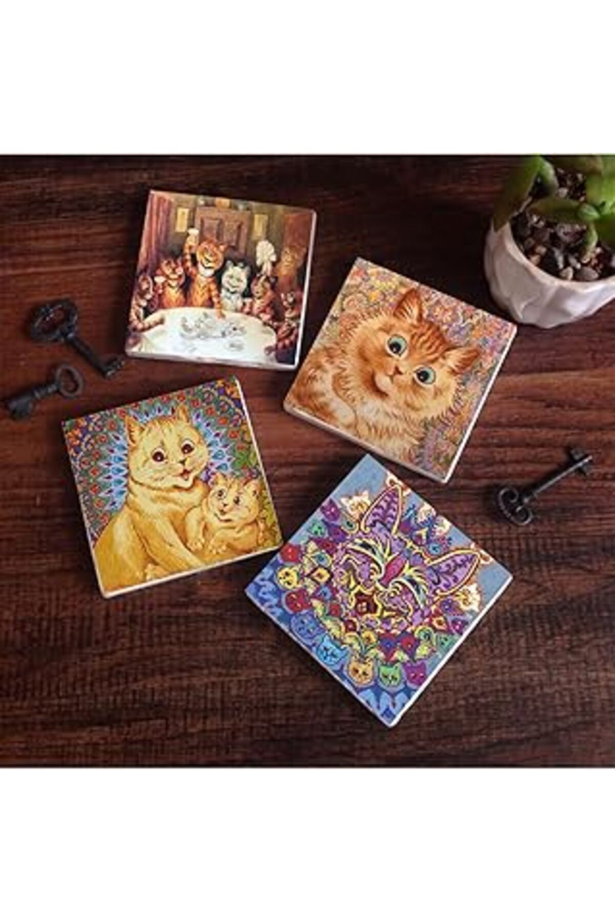 Hepta Collection Pinecone Louis Wain Kediler Taş Bardak Altlığı Seti - 4 Parça - Dekoratif, Rustik Mutfak Aksesuarı,