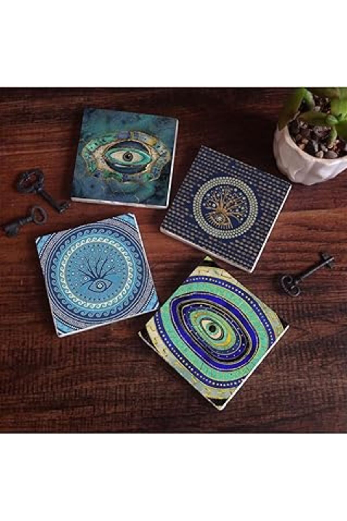 Pazarcan Pinecone Nazar Taş Bardak Altlığı Seti - 4 Parça - Dekoratif, Rustik Mutfak Aksesuarı, 10X10 Cm, Ka
