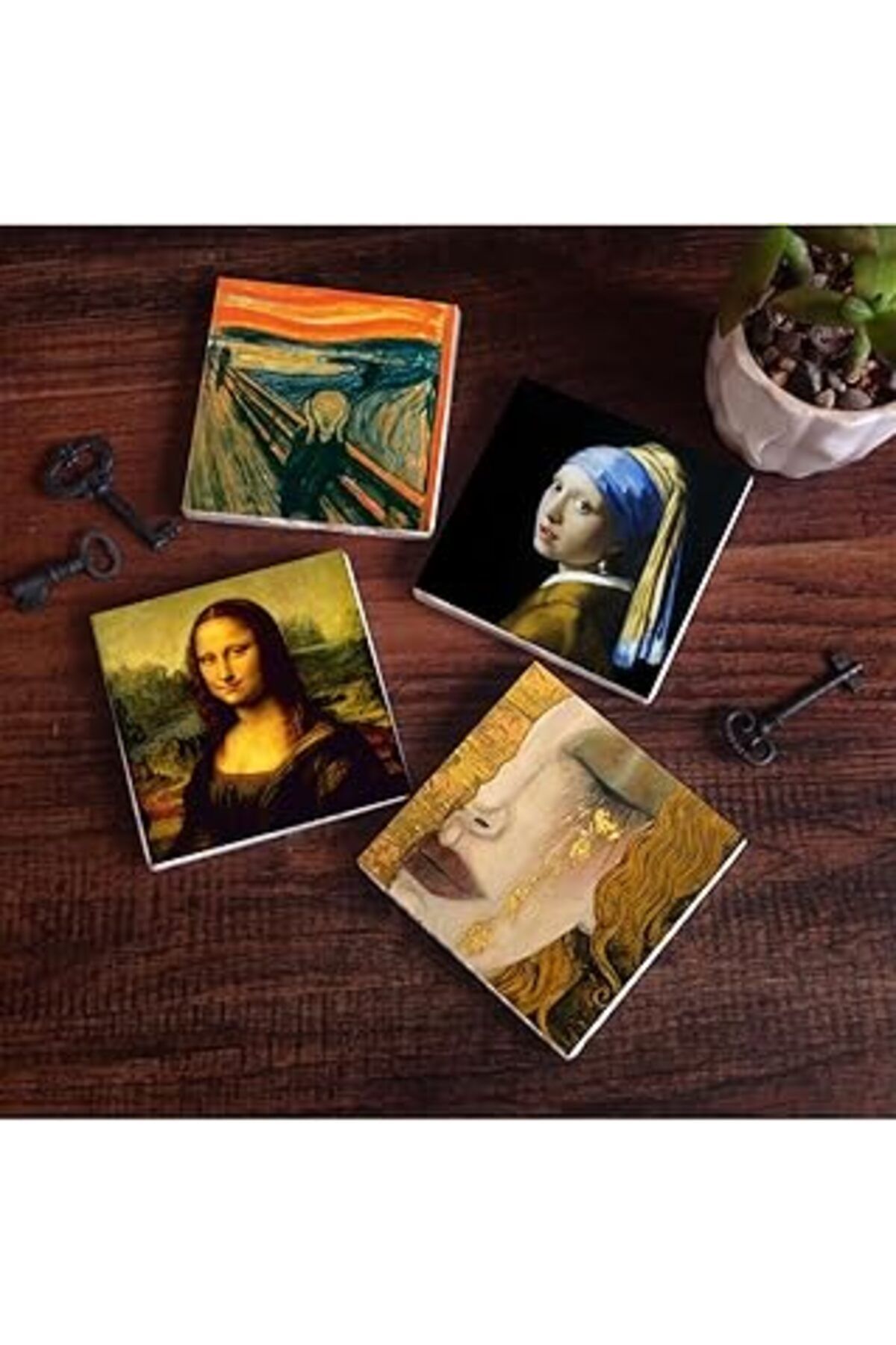 Mu Art Pinecone Çığlık, İnci Küpeli Kız, Gustav Klimt Altın Gözyaşları, Da Vinci Mona Lisa Taş Bardak Altl