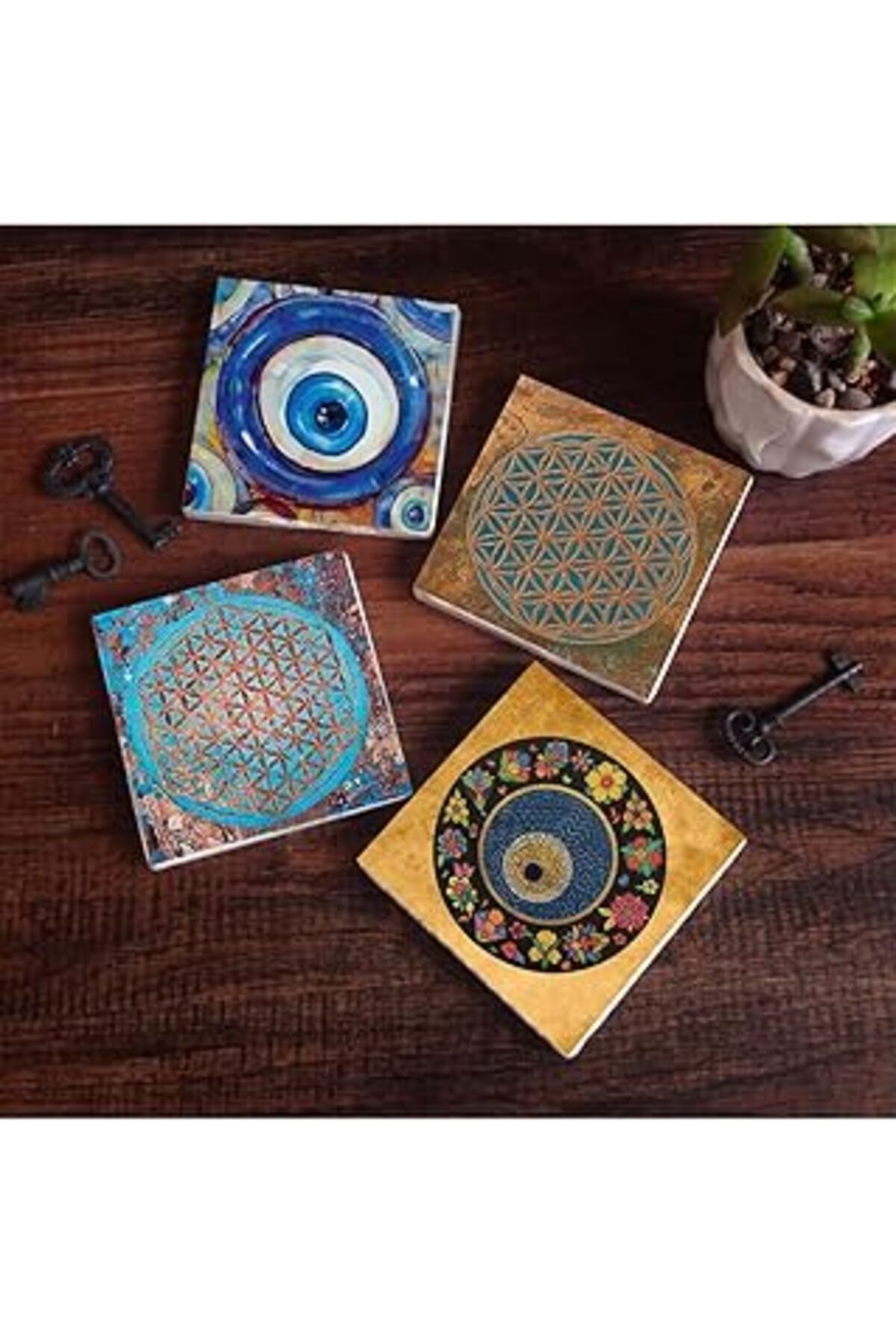 Mu Art Ahşap Pinecone Nazar, Yaşam Çiçeği Taş Bardak Altlığı Seti - 4 Parça - Dekoratif, Rustik Mutfak Aksesuarı