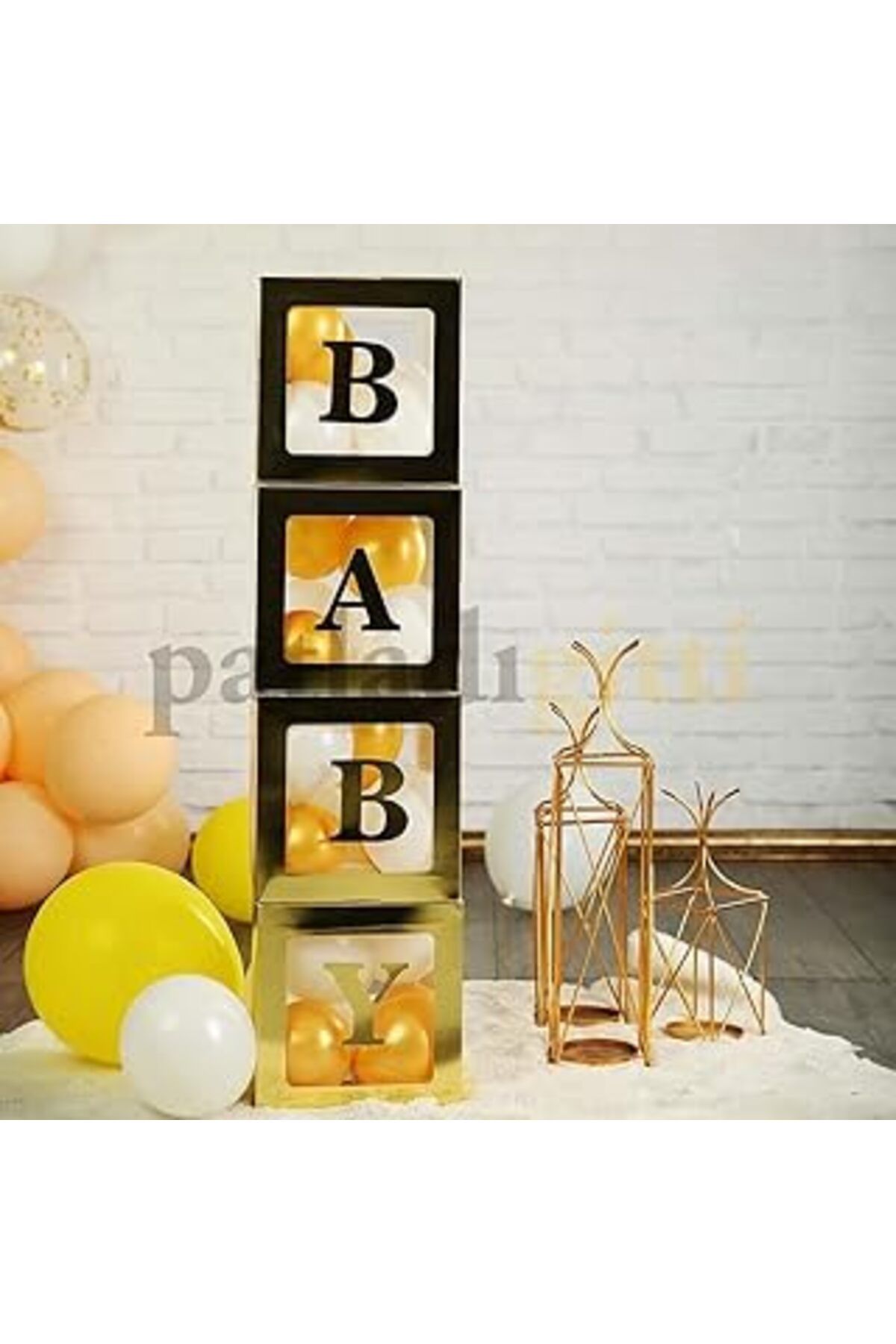 Mu Art Patladı Gitti 33 Parça Baby Yazılı Şeffaf Kutu Ve Balon Seti (Gold)