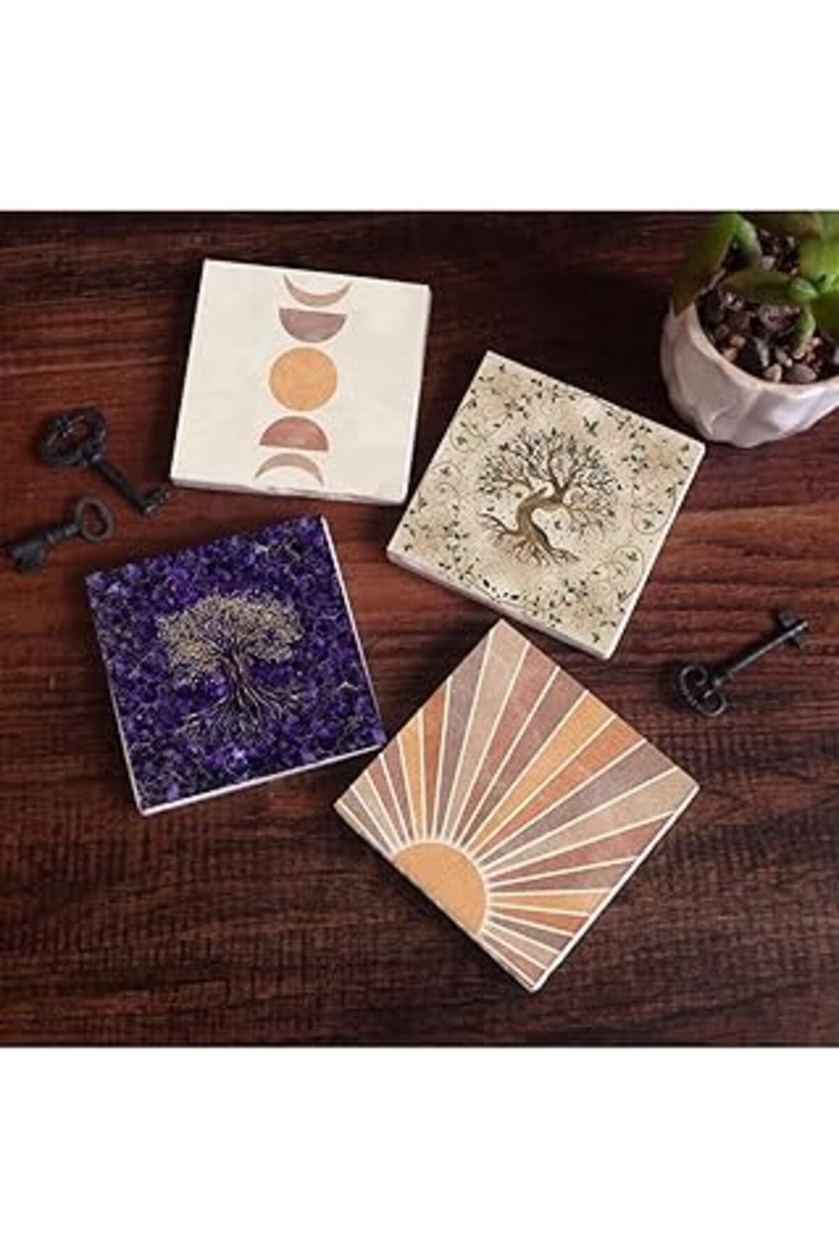 Mu Art Pinecone Minimalist Soyut, Hayat Ağacı Taş Bardak Altlığı Seti - 4 Parça - Dekoratif, Rustik Mutfak