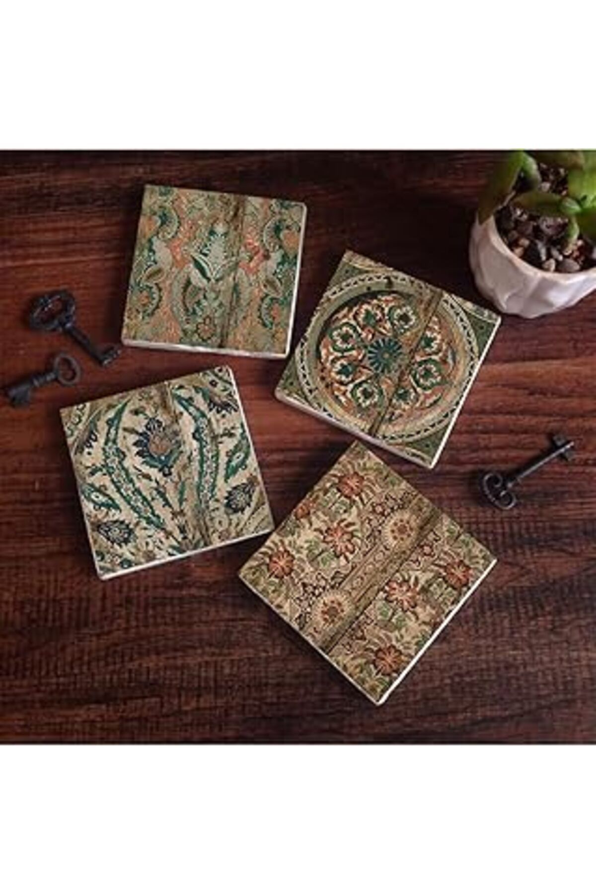 Mu Art Pinecone Vintage Desen Taş Bardak Altlığı Seti - 4 Parça - Dekoratif, Rustik Mutfak Aksesuarı, 10X1