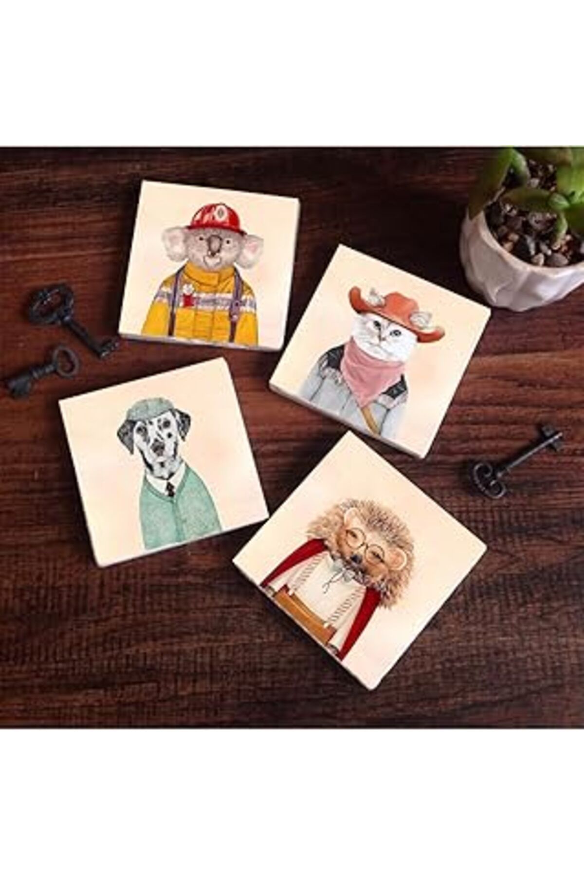 Hepta Collection Pinecone Kirpi, Köpek, Kedi, Koala Taş Bardak Altlığı Seti - 4 Parça - Dekoratif, Rustik Mutfak Aks