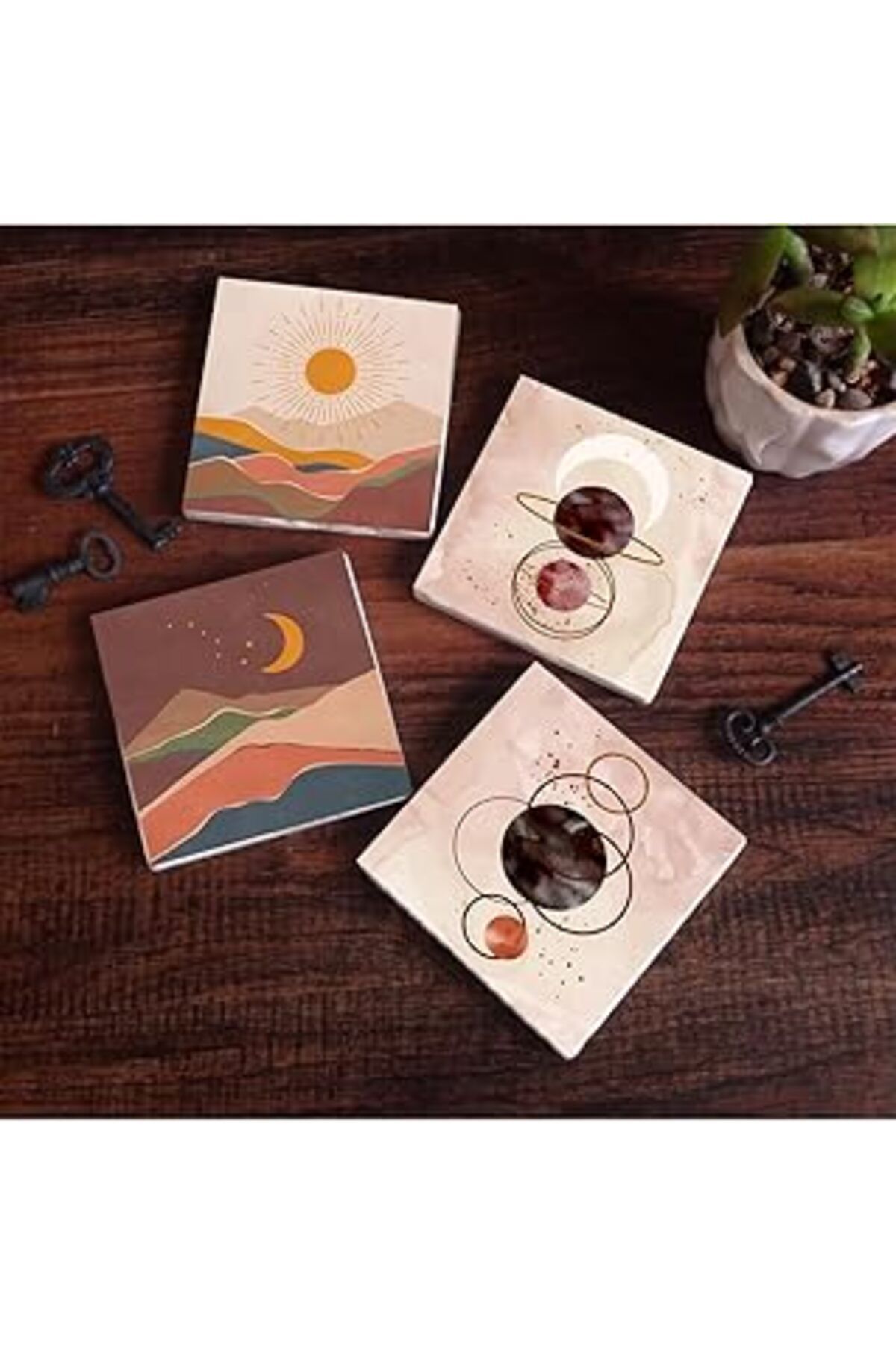 Mu Art Pinecone Minimalist Soyut, Bohem Taş Bardak Altlığı Seti - 4 Parça - Dekoratif, Rustik Mutfak Akses