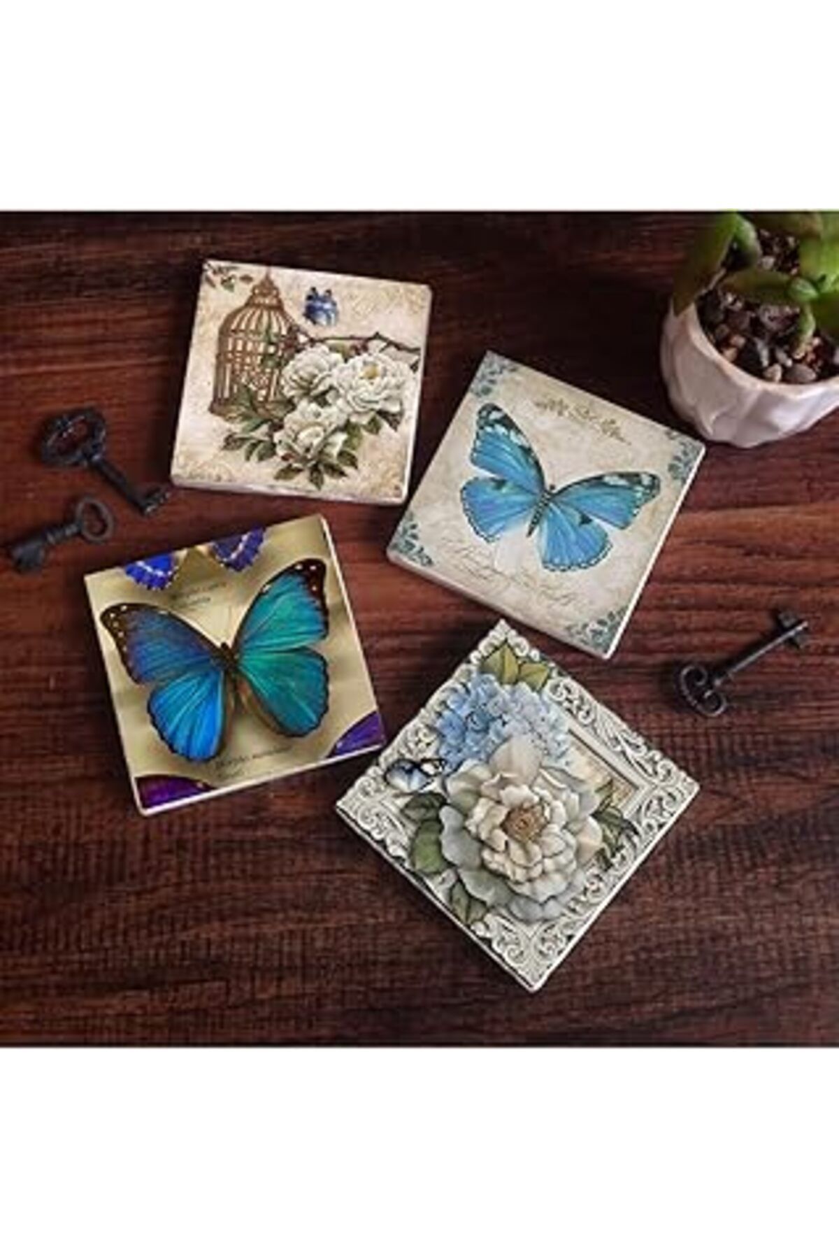 Mu Art Pinecone Kelebek Taş Bardak Altlığı Seti - 4 Parça - Dekoratif, Rustik Mutfak Aksesuarı, 10X10 Cm,