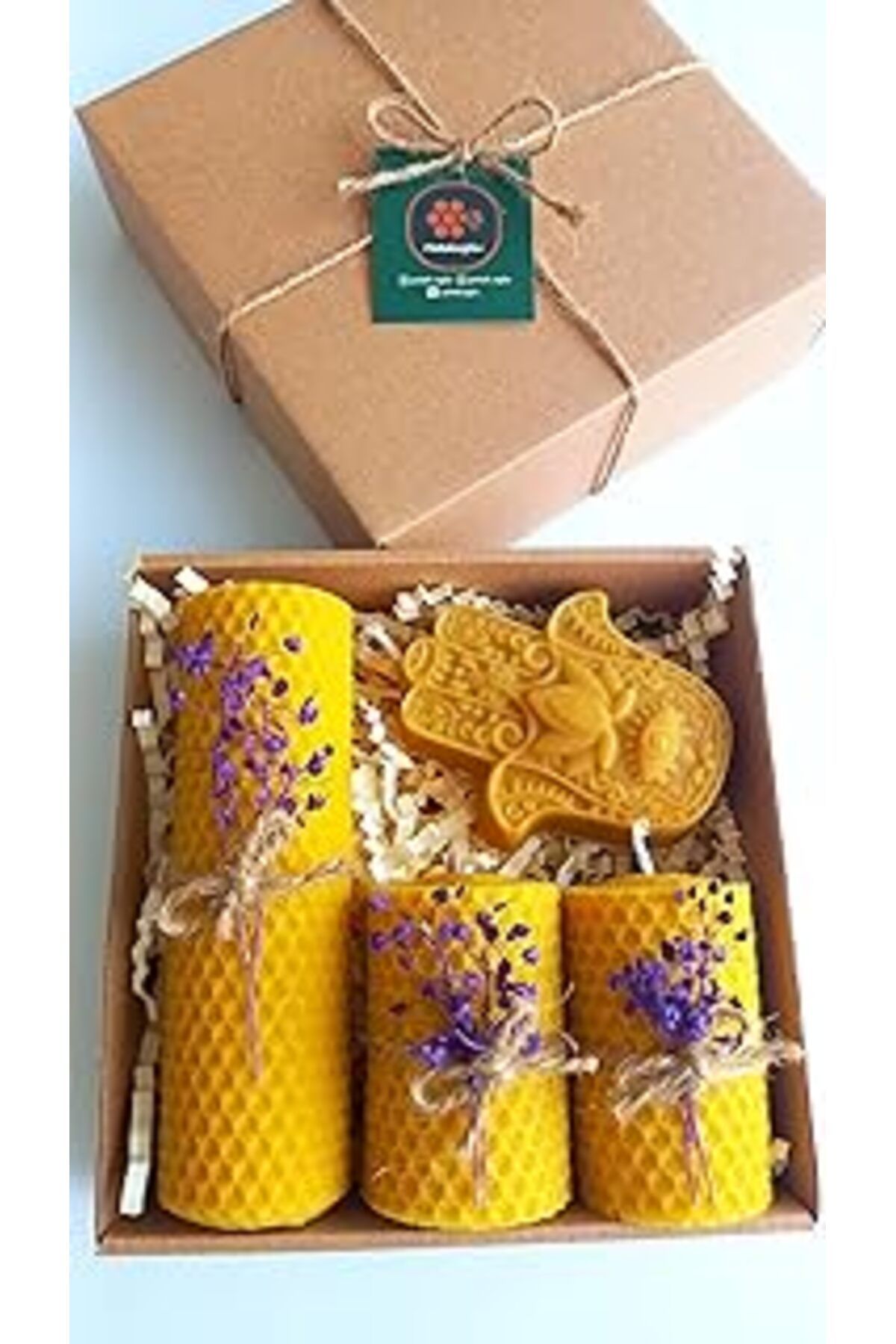 NETWORK ART Petekoğlu Doğal Petek Balmumu Mum Hediyelik Dekoratif Set Hamse Bereket Eli Beeswax Canle Gift Set